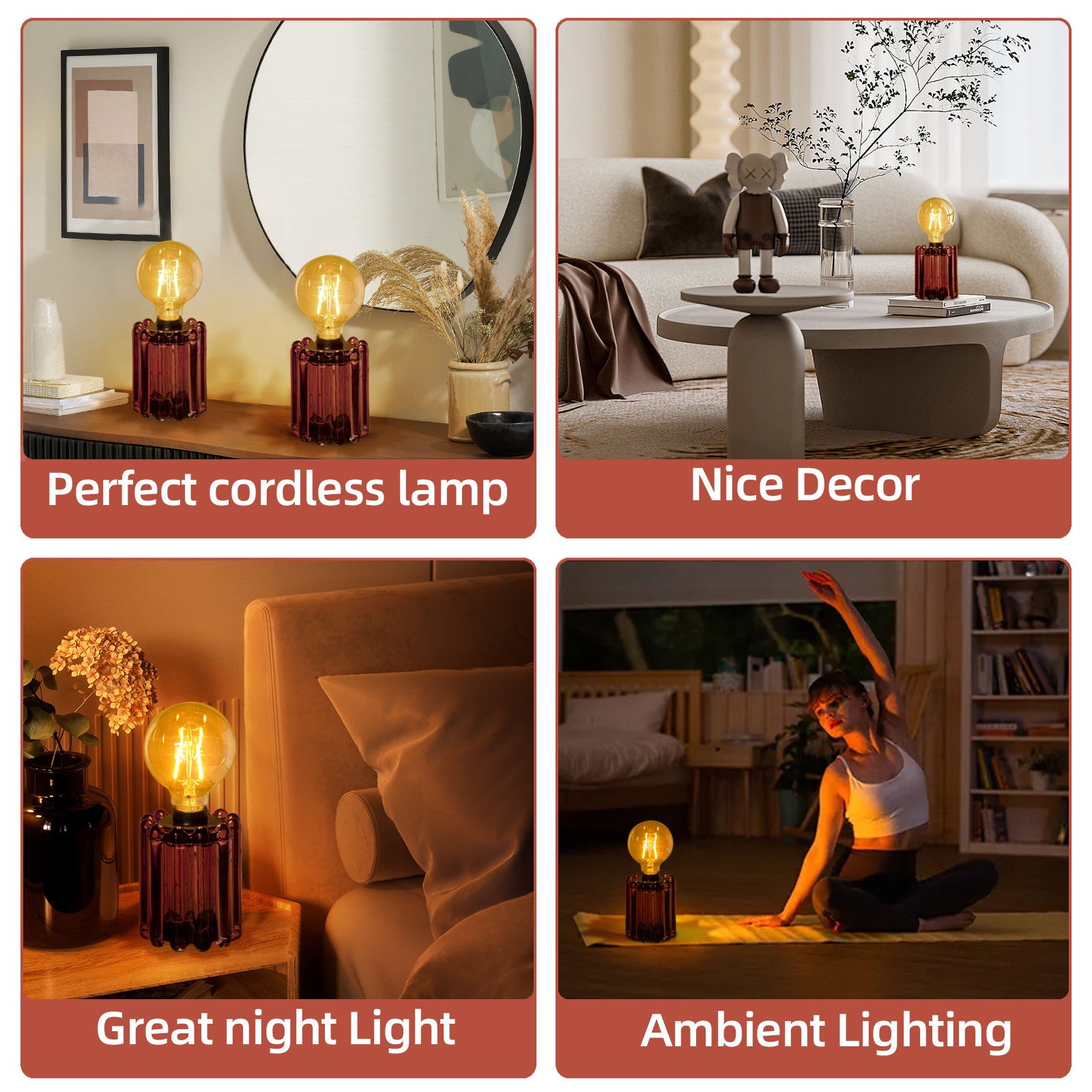 Set of 2 Battery Operated Table Lamp, Battery Powered Cordless Lamp with Timer, Glass Bulb Shape Decorative Lights for Living Room Bedroom Weddings Parties Patio Events Indoors Outdoors(Rust)