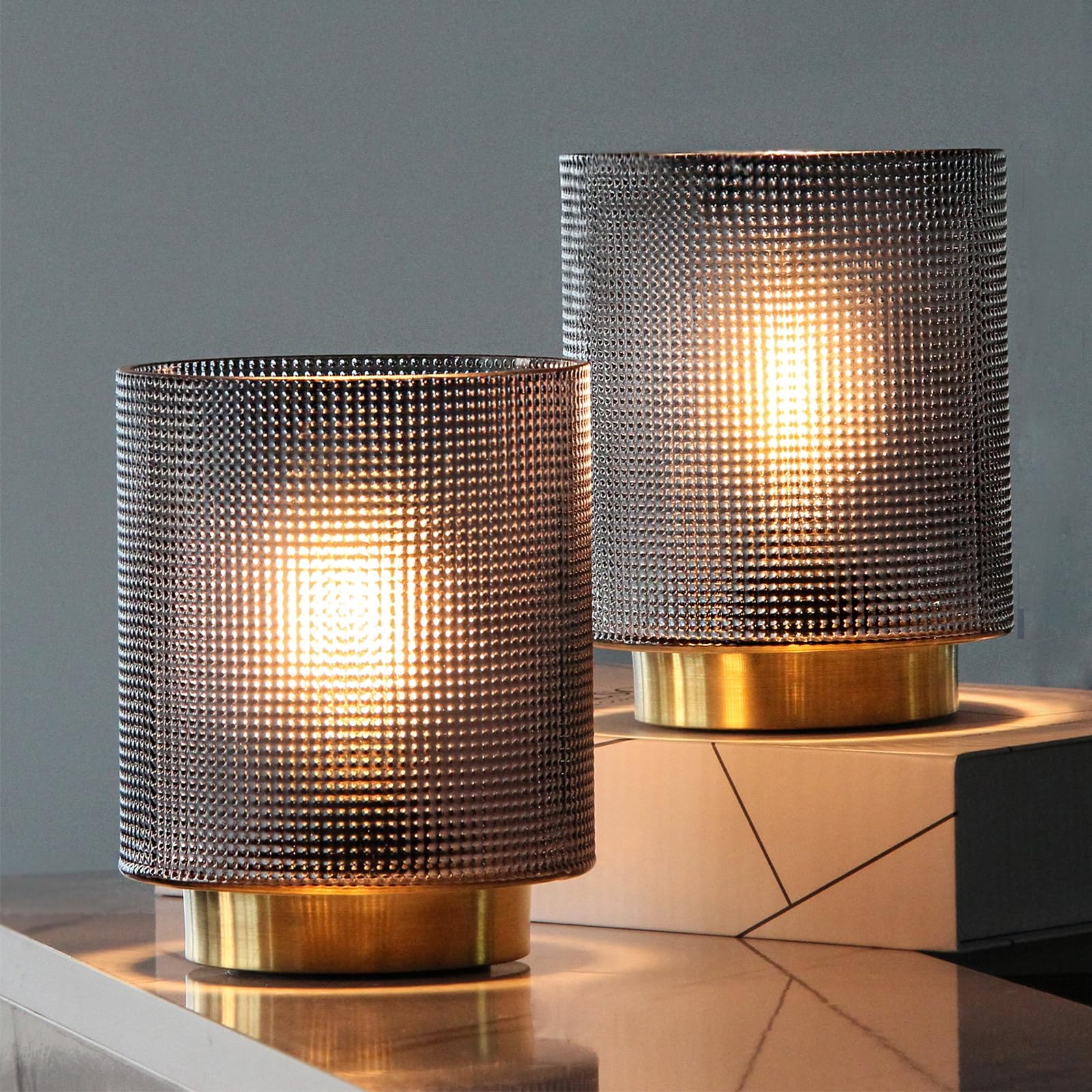 2-Pack Glass Cordless Battery Powered Lampfor Power Outage with Timer, Decorative Small Accent Lamp for Area No Plug for Corner/Entryway/Stairway/Bathroom/Fireplace(Grey)