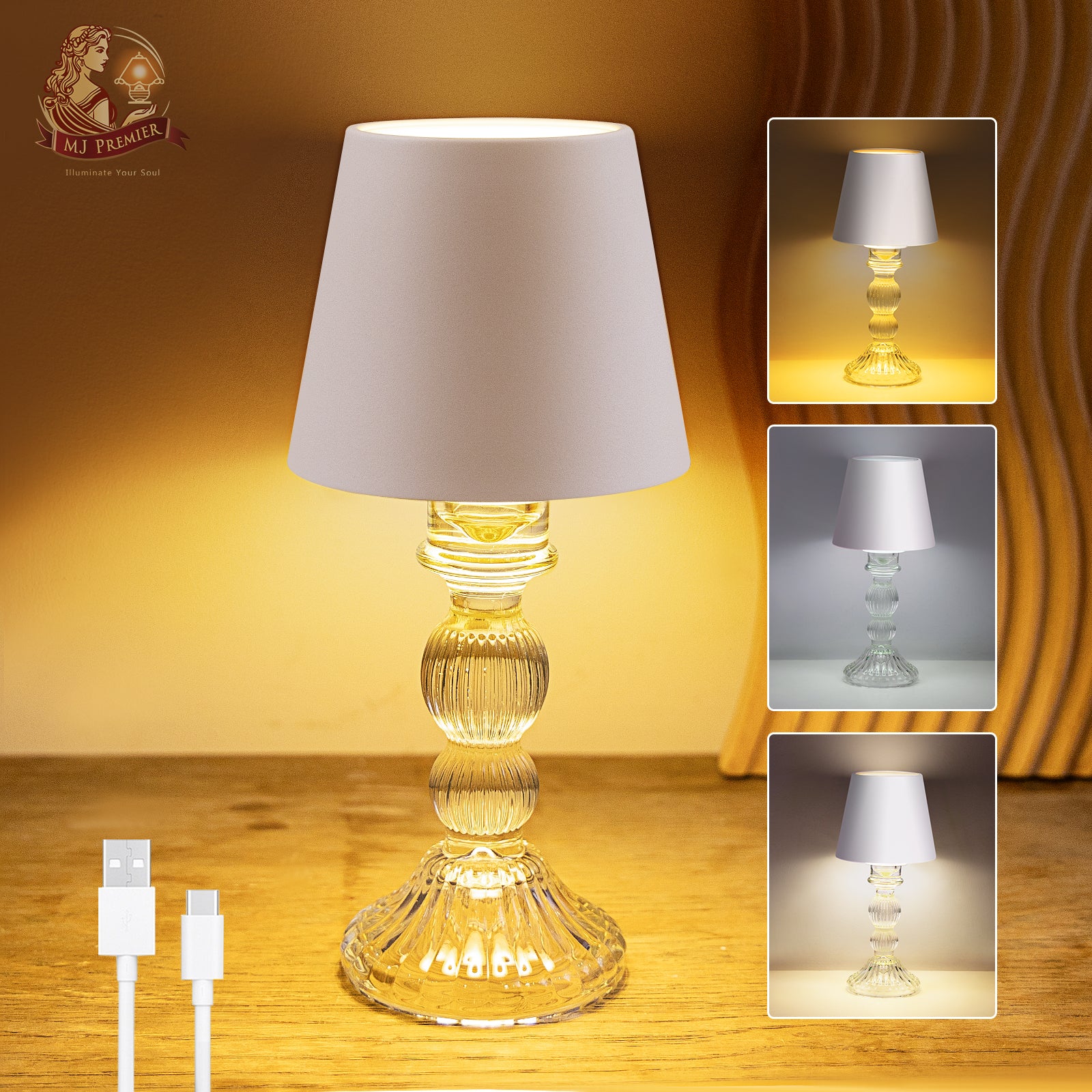 MJ PREMIER Rechargeable Cordless Table Lamp with Touch Control, Dimmable Battery Operated Lamp, 3 Color Portable Small Table Lamp for Bedroom Living Room Home Decor(White)