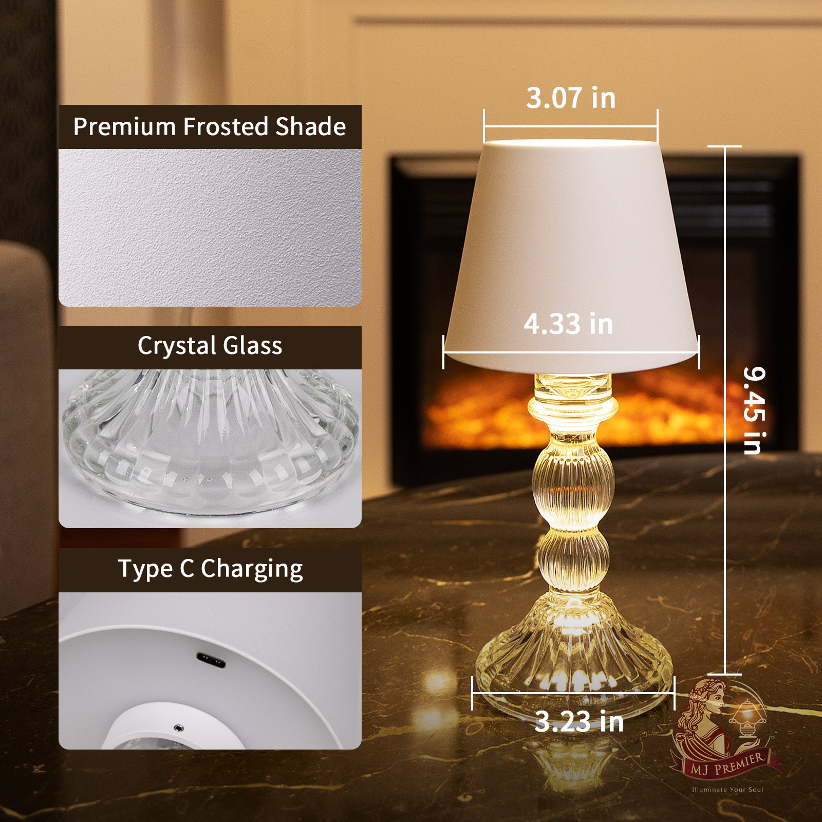 MJ PREMIER Rechargeable Cordless Table Lamp with Touch Control, Dimmable Battery Operated Lamp, 3 Color Portable Small Table Lamp for Bedroom Living Room Home Decor(White)