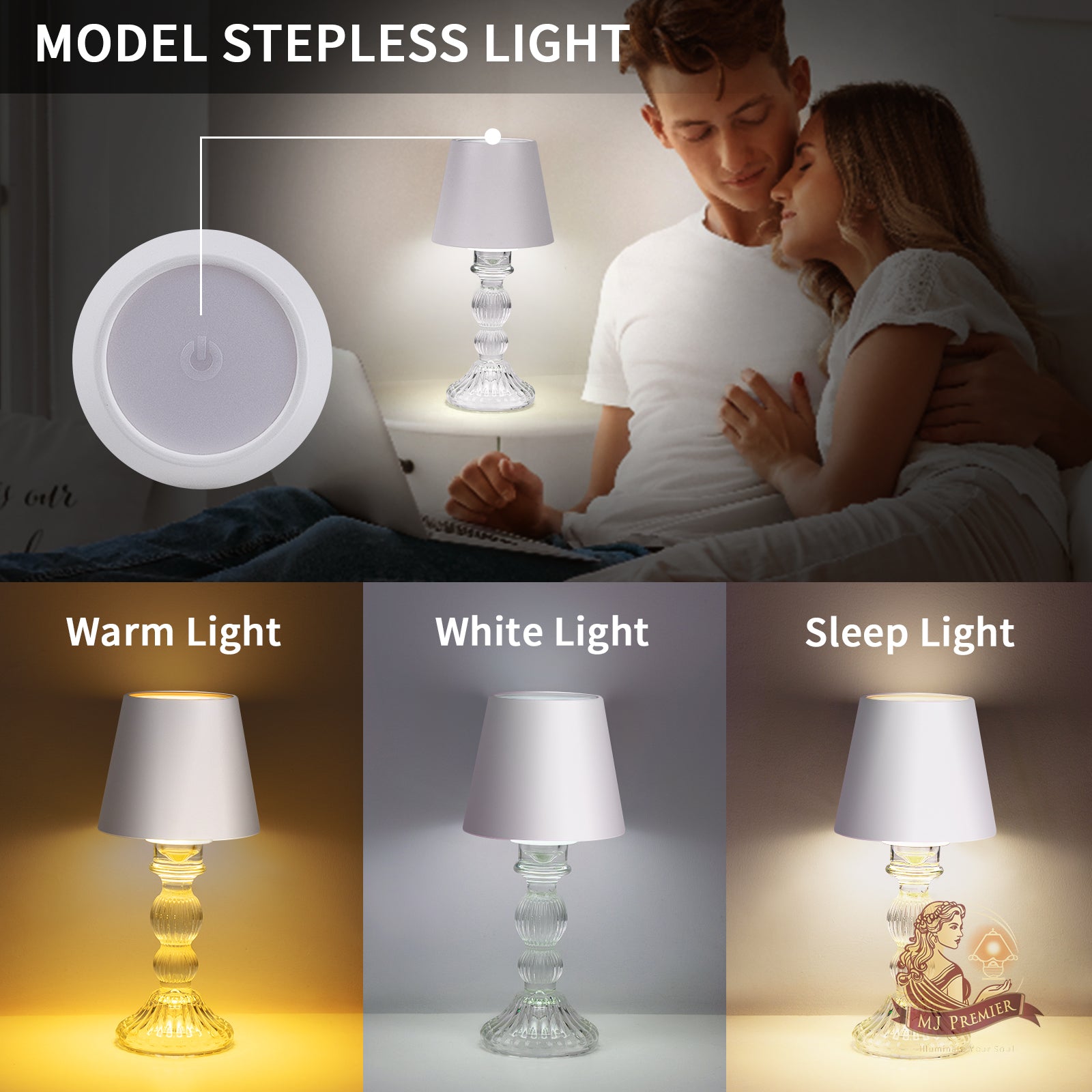 MJ PREMIER Rechargeable Cordless Table Lamp with Touch Control, Dimmable Battery Operated Lamp, 3 Color Portable Small Table Lamp for Bedroom Living Room Home Decor(White)