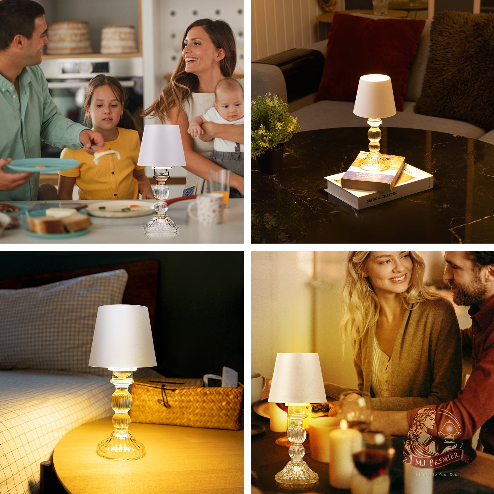 MJ PREMIER Rechargeable Cordless Table Lamp with Touch Control, Dimmable Battery Operated Lamp, 3 Color Portable Small Table Lamp for Bedroom Living Room Home Decor(White)