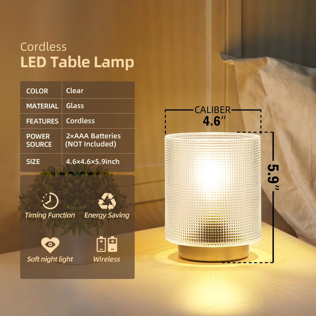 Battery Operated Lamp with Timer, Glass Cordless Lamp for Power Outage, Decorative Small Accent Lamp for Area No Plug, Battery Powered Lamp for Corner/Entryway/Stairway/Bathroom/Fireplace(Clear)