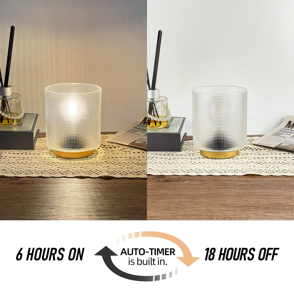 Battery Operated Lamp with Timer, Glass Cordless Lamp for Power Outage, Decorative Small Accent Lamp for Area No Plug, Battery Powered Lamp for Corner/Entryway/Stairway/Bathroom/Fireplace(Clear)