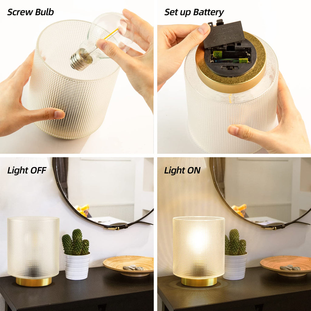 Battery Operated Lamp with Timer, Glass Cordless Lamp for Power Outage, Decorative Small Accent Lamp for Area No Plug, Battery Powered Lamp for Corner/Entryway/Stairway/Bathroom/Fireplace(Clear)