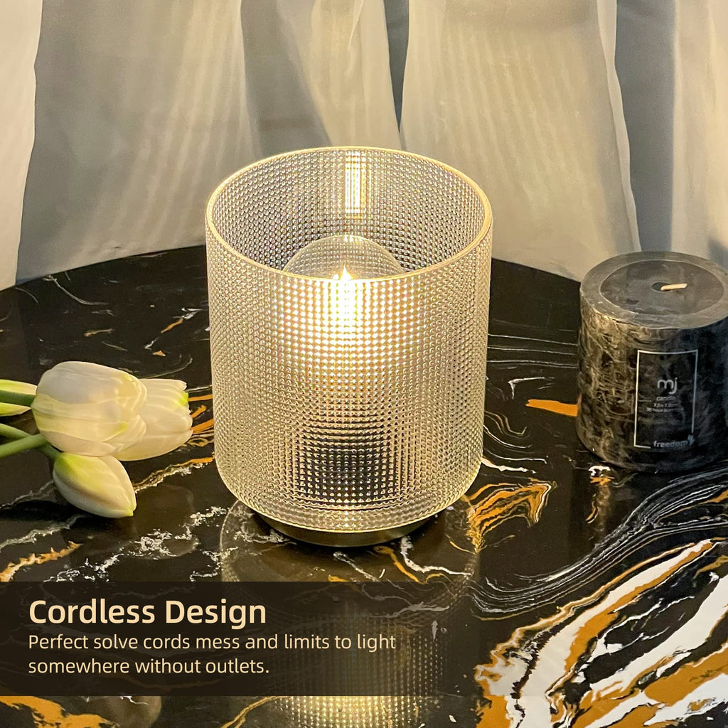 Battery Operated Lamp with Timer, Glass Cordless Lamp for Power Outage, Decorative Small Accent Lamp for Area No Plug, Battery Powered Lamp for Corner/Entryway/Stairway/Bathroom/Fireplace(Clear)