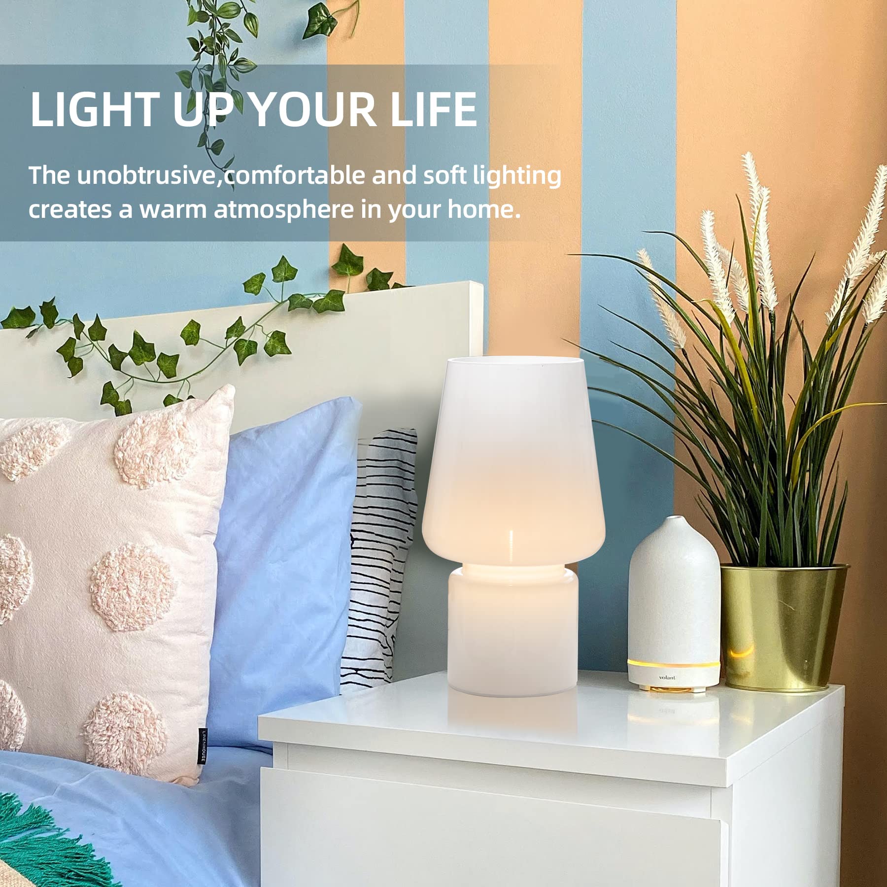 Battery Operated Table Lamps, Cordless Lamp with LED Bulb for Power Outage, Cord-Free Lamp for Area No Plug, Decorative Lamp for Tabletop/Corner Shelf/Entryway/Stairway/Bathroom/Fireplace(Cream White)