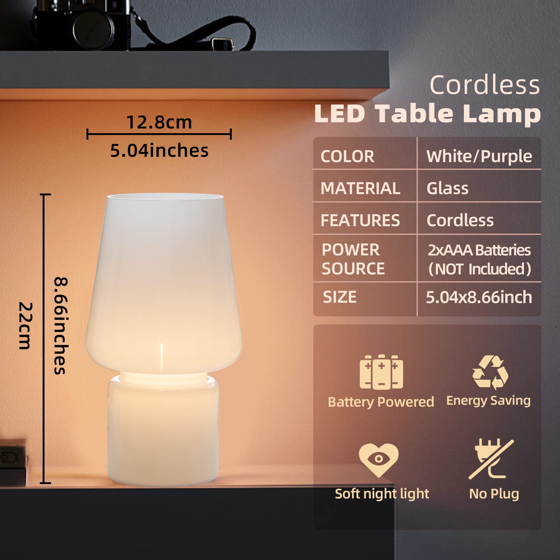 Battery Operated Table Lamps, Cordless Lamp with LED Bulb for Power Outage, Cord-Free Lamp for Area No Plug, Decorative Lamp for Tabletop/Corner Shelf/Entryway/Stairway/Bathroom/Fireplace(Cream White)