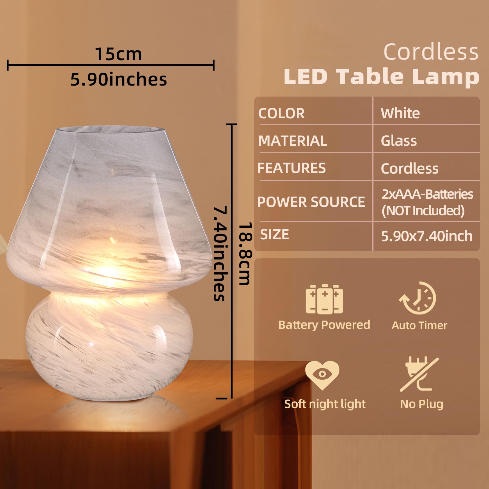 Battery Operated Table Lamps Timer, Cordless Lamp with LED Bulb for Power Outage, Mushroom Lamp for Area No Plug, Decorative Lamp for Tabletop/Corner/Entryway/Stairway/Bathroom/Fireplace(Cloud)