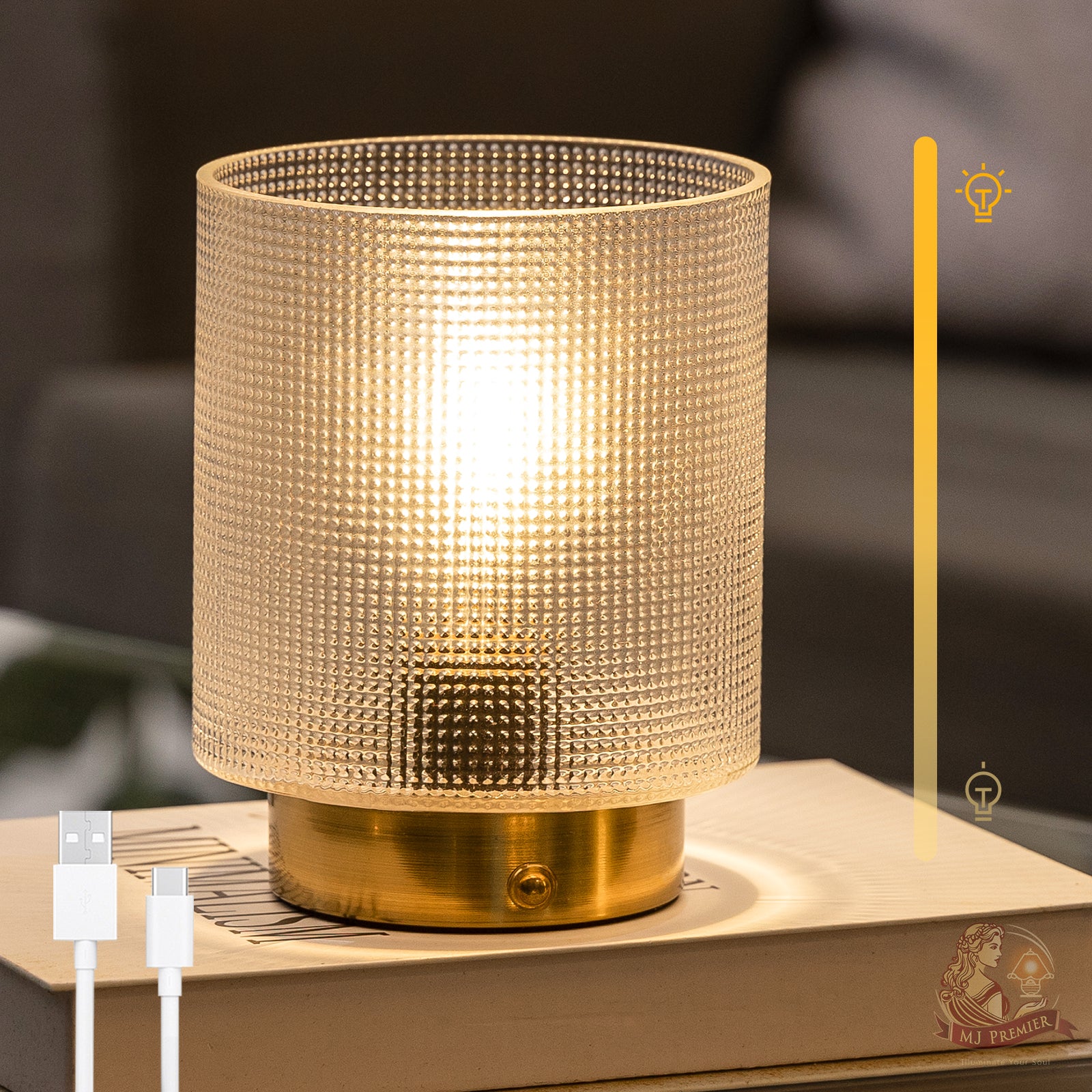 MJ PREMIER Rechargeable Cordless Table Lamp, Glass Battery Operated Lamp for Bedroom, Dimmable Small Touch Lamp for Living Room Bedside Nightstand Home Decor