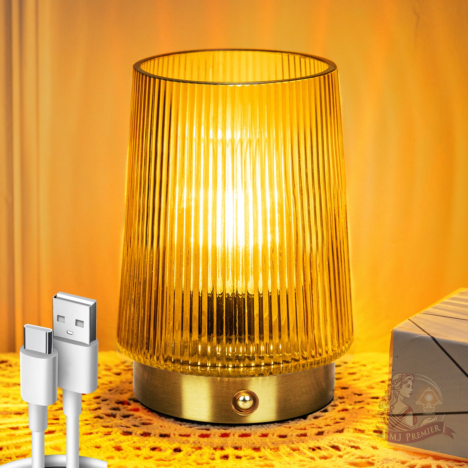 MJ PREMIER Cordless Lamps Rechargeable Glass Table Lamp Portable Dimmable Brightness Touch Battery Operated Lamp Cordless Beside Touch Lamp for Home Bedroom Kitchen Dining Bathroom Yellow