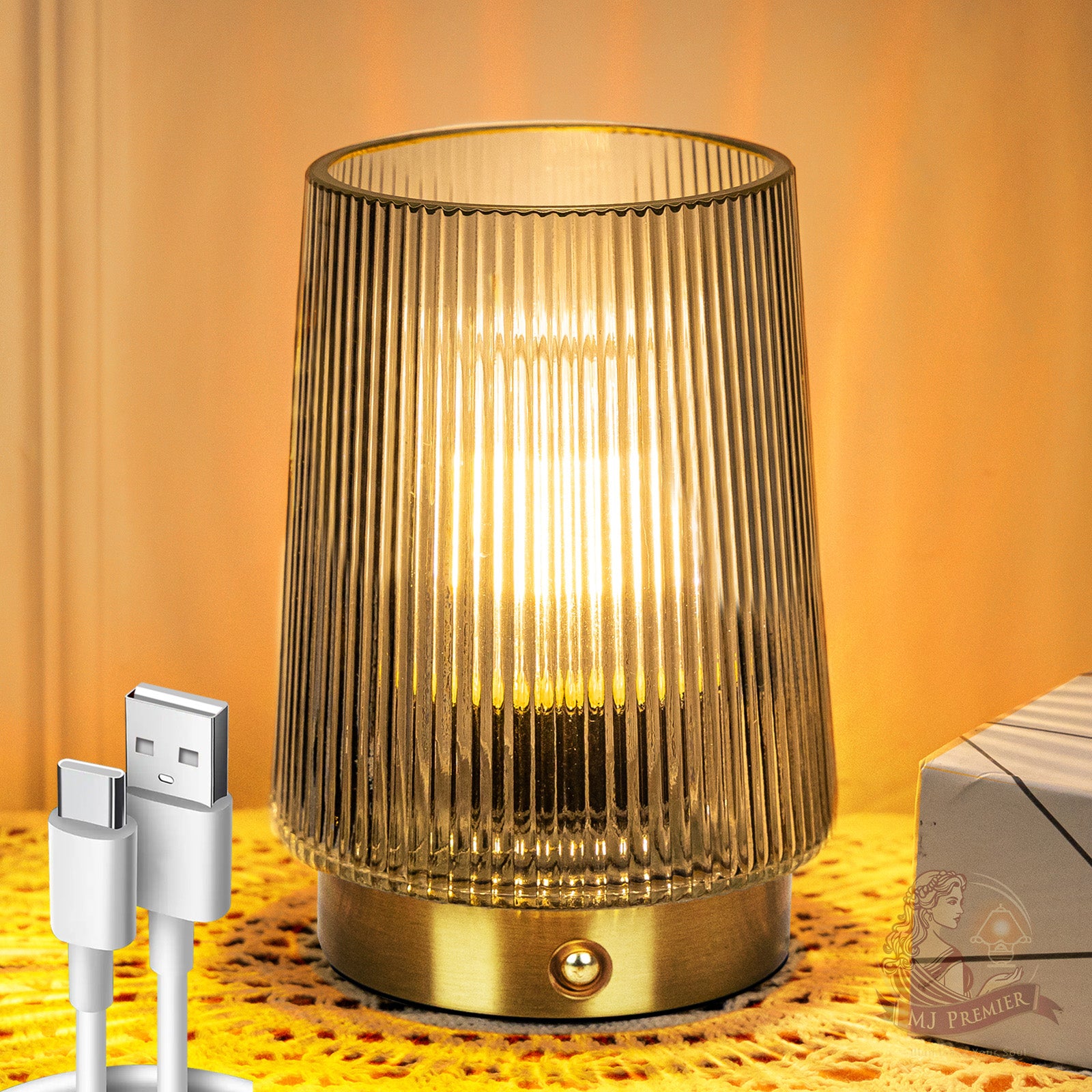 MJ PREMIER Cordless Lamps Rechargeable Glass Table Lamp Portable Dimmable Brightness Touch Battery Operated Lamp Cordless Beside Touch Lamp for Home Bedroom Kitchen Dining Bathroom Yellow