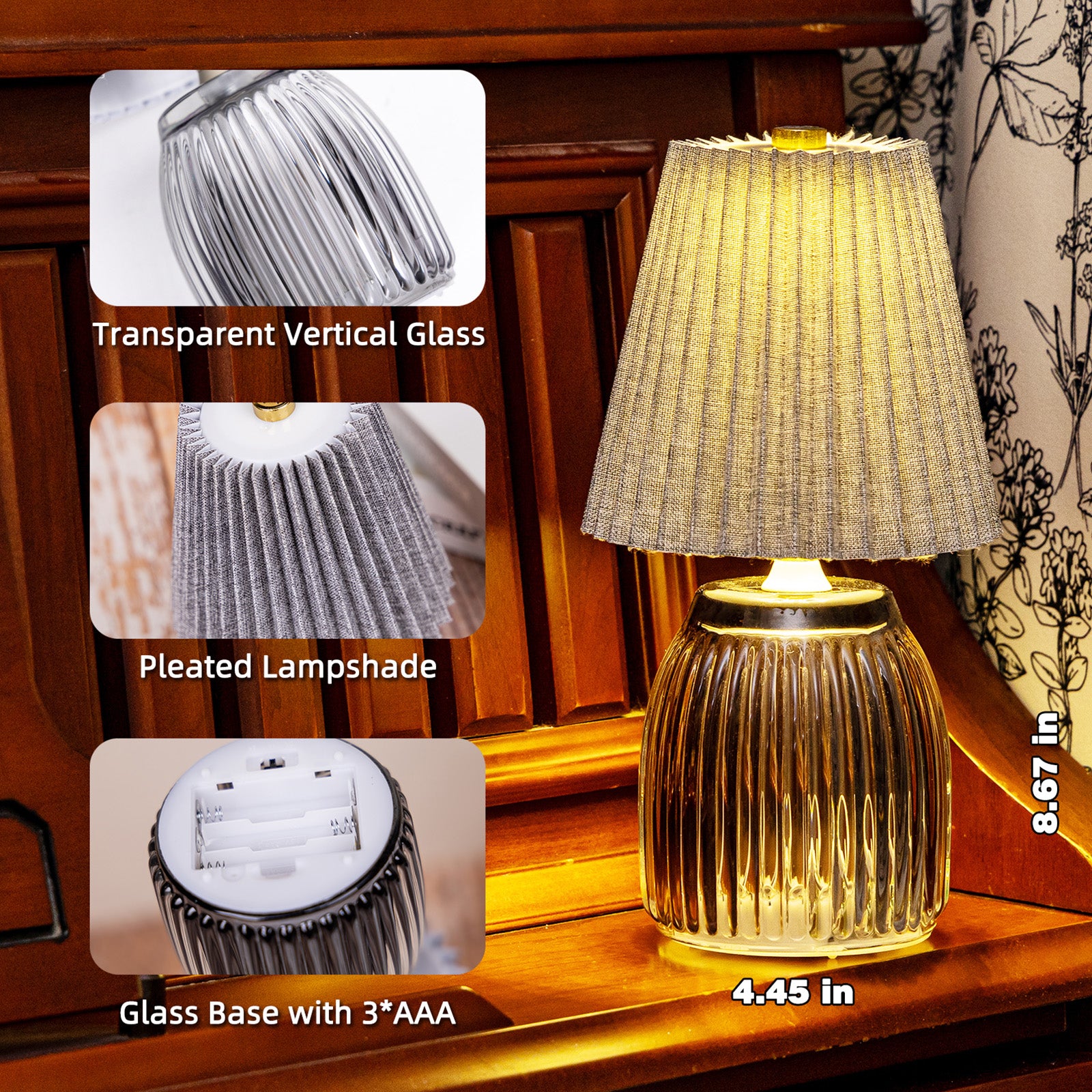 MJ Battery Operated Lamps with Timer Pleated Small Glass Cordless Lamp with Gray Pleated Lamp Shade Modern Battery Powered for Living Room Bedroom Bathroom