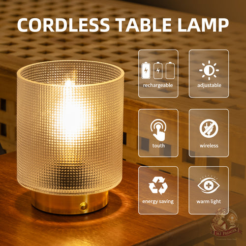 MJ PREMIER Rechargeable Cordless Table Lamp, Glass Battery Operated Lamp for Bedroom, Dimmable Small Touch Lamp for Living Room Bedside Nightstand Home Decor