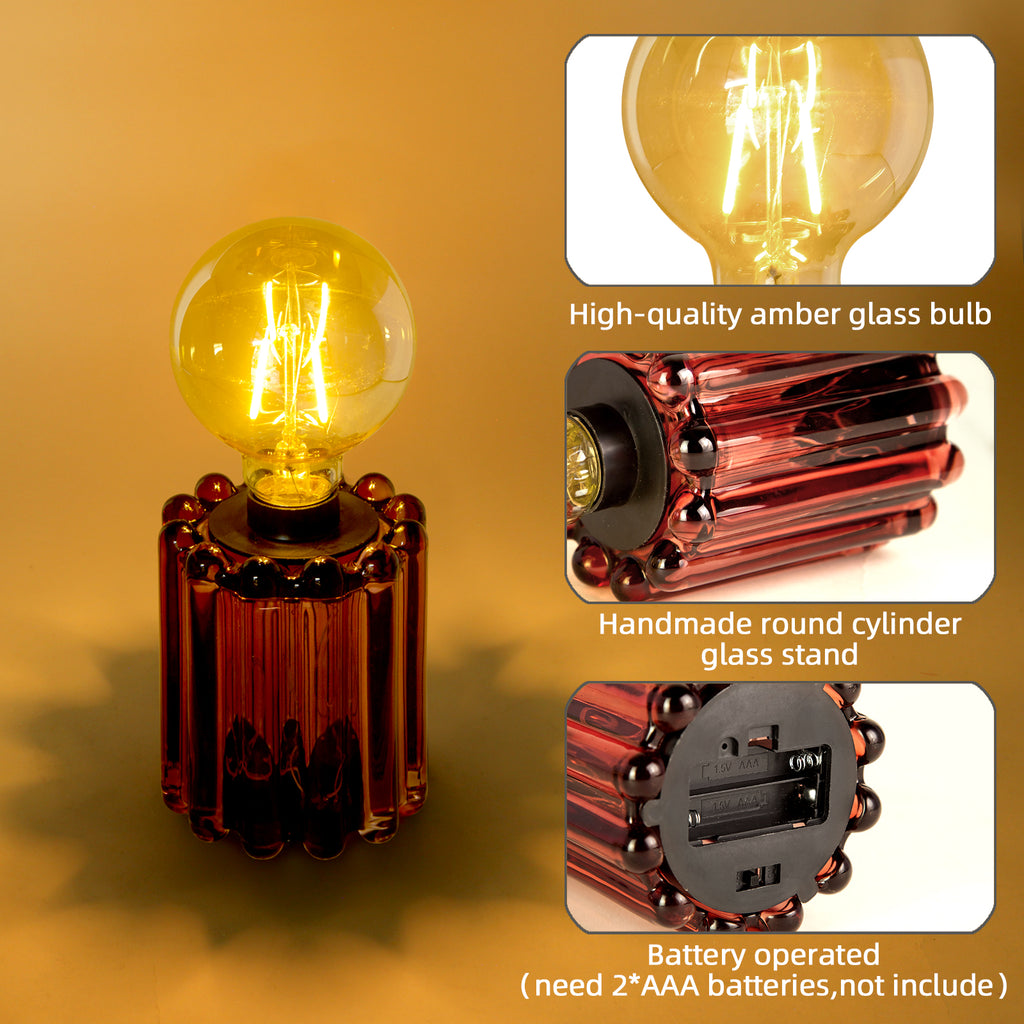 Set of 2 Battery Operated Table Lamp, Battery Powered Cordless Lamp with Timer, Glass Bulb Shape Decorative Lights for Living Room Bedroom Weddings Parties Patio Events Indoors Outdoors（Rust）