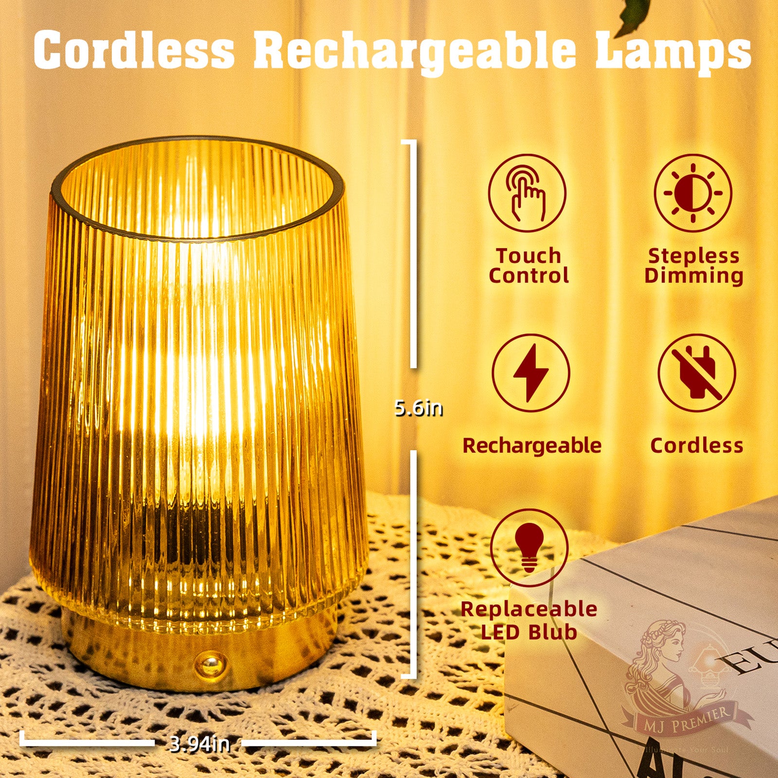 MJ PREMIER Cordless Lamps Rechargeable Glass Table Lamp Portable Dimmable Brightness Touch Battery Operated Lamp Cordless Beside Touch Lamp for Home Bedroom Kitchen Dining Bathroom Yellow