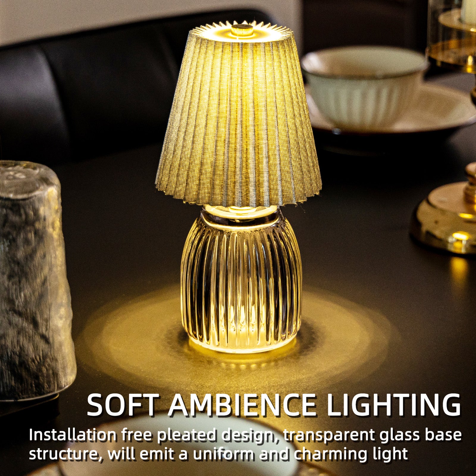 MJ Battery Operated Lamps with Timer Pleated Small Glass Cordless Lamp with Gray Pleated Lamp Shade Modern Battery Powered for Living Room Bedroom Bathroom