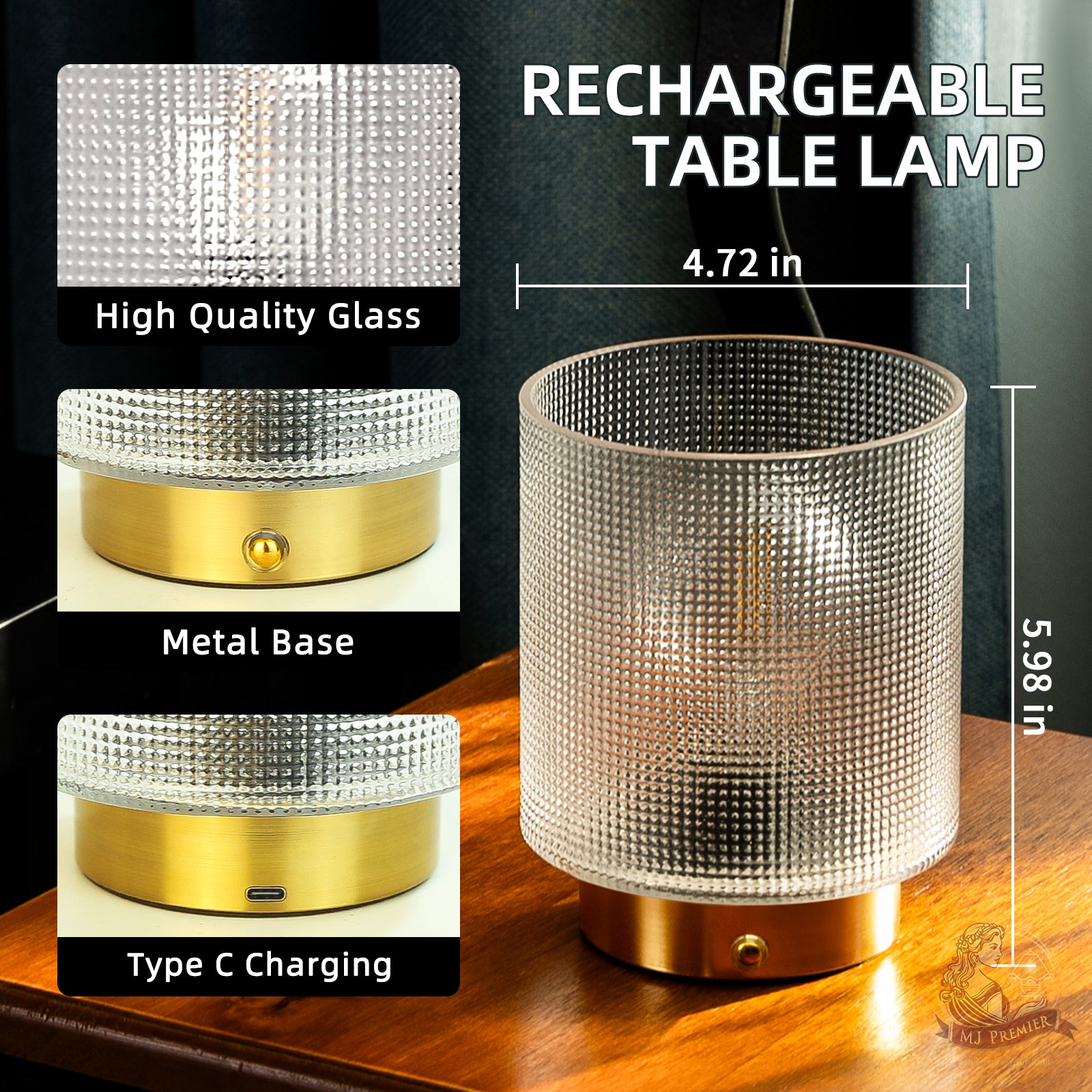 MJ PREMIER Rechargeable Cordless Table Lamp, Glass Battery Operated Lamp for Bedroom, Dimmable Small Touch Lamp for Living Room Bedside Nightstand Home Decor