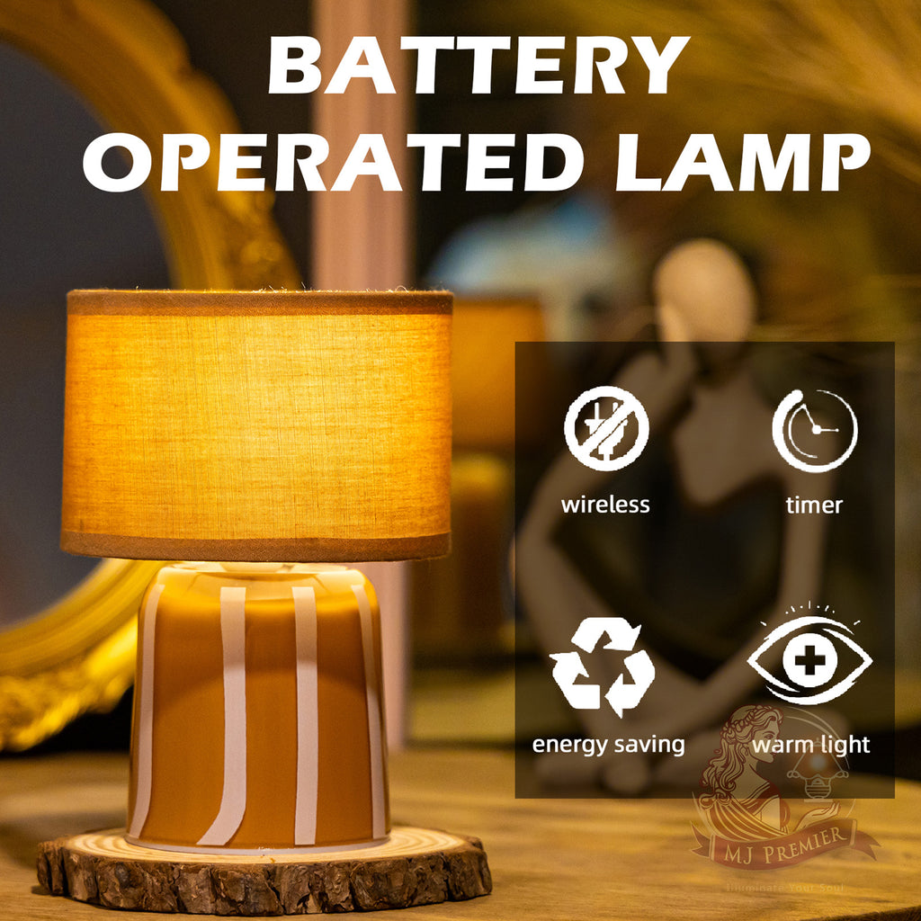 MJ PREMIER Battery Operated Lamp with Timer, Small Cordless Lamp with Glass Base, Fabric Shade Portable Table Lamp for Bedroom Living Room Bedside Home Decor (Brown)