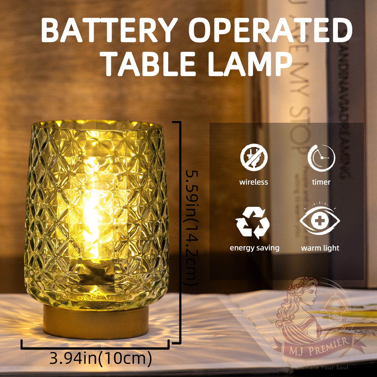 Battery Operated Table Lamps Timer Mothers Day Gifts Decorative LED Lamp, Cordless lamp for No Outlet Areas, Hand-drawn Diamond Pattern, Glass Mood Light for Entryway, Bedroom, Bathroom(Green)
