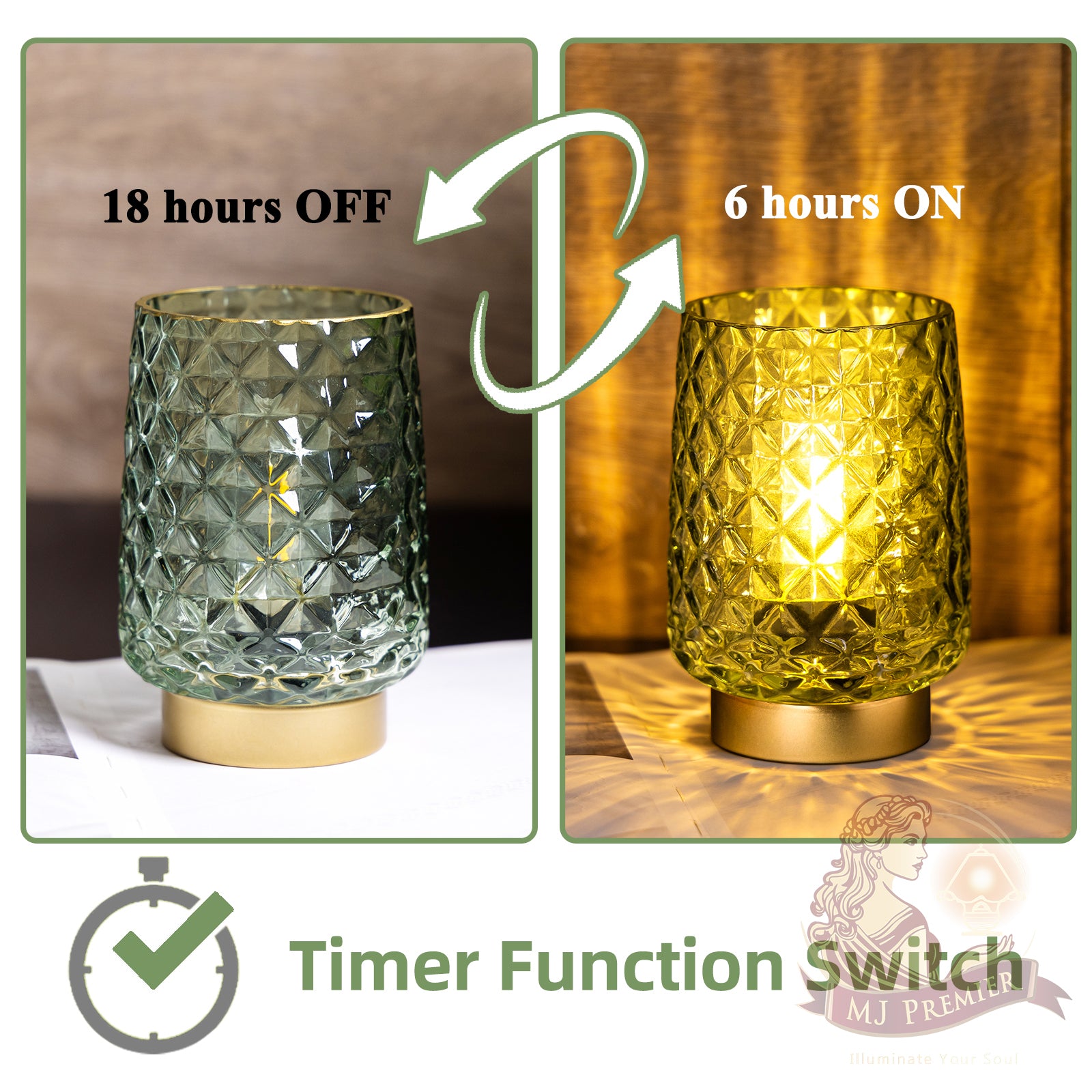 Battery Operated Table Lamps Timer Mothers Day Gifts Decorative LED Lamp, Cordless lamp for No Outlet Areas, Hand-drawn Diamond Pattern, Glass Mood Light for Entryway, Bedroom, Bathroom(Green)