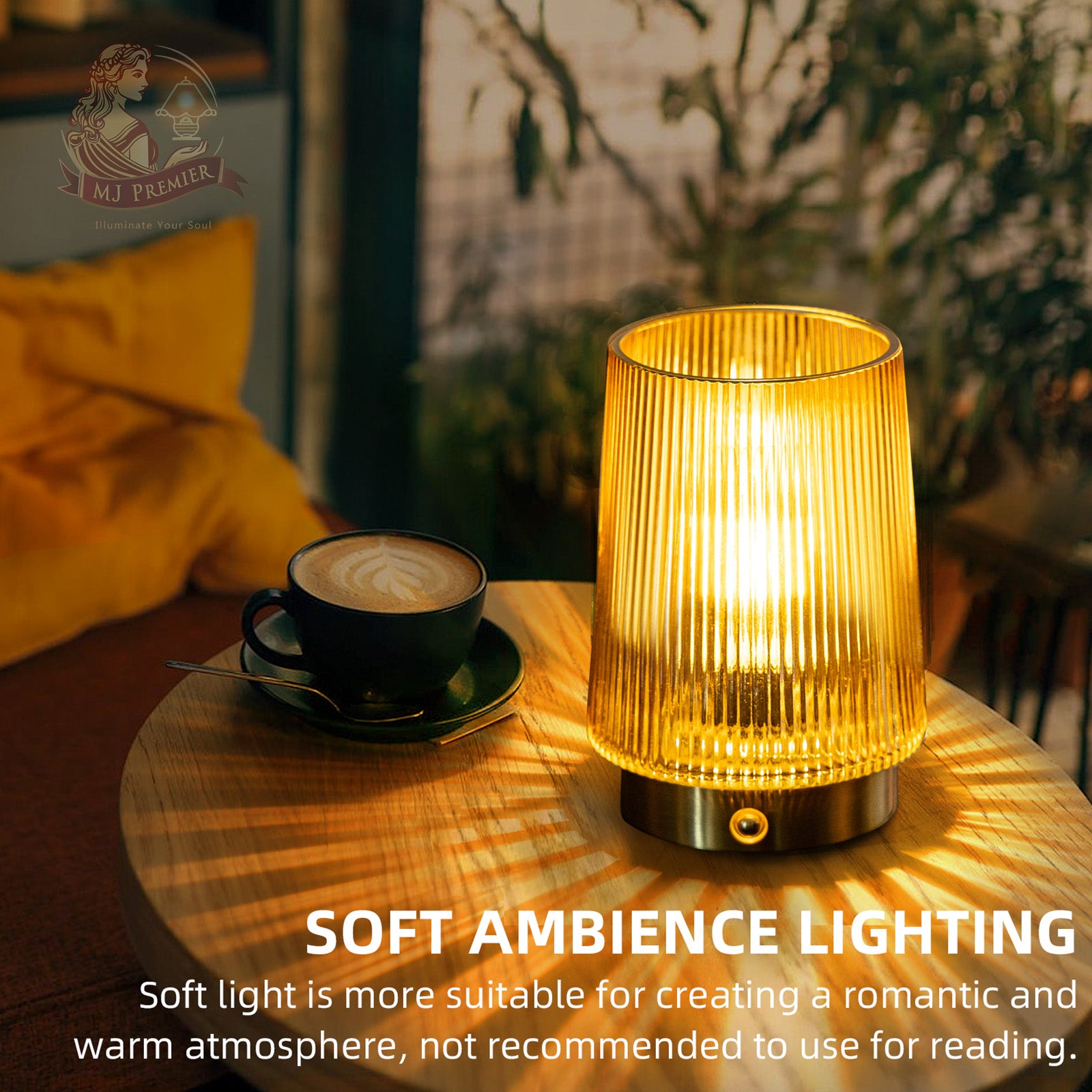 MJ PREMIER Cordless Lamps Rechargeable Glass Table Lamp Portable Dimmable Brightness Touch Battery Operated Lamp Cordless Beside Touch Lamp for Home Bedroom Kitchen Dining Bathroom Yellow