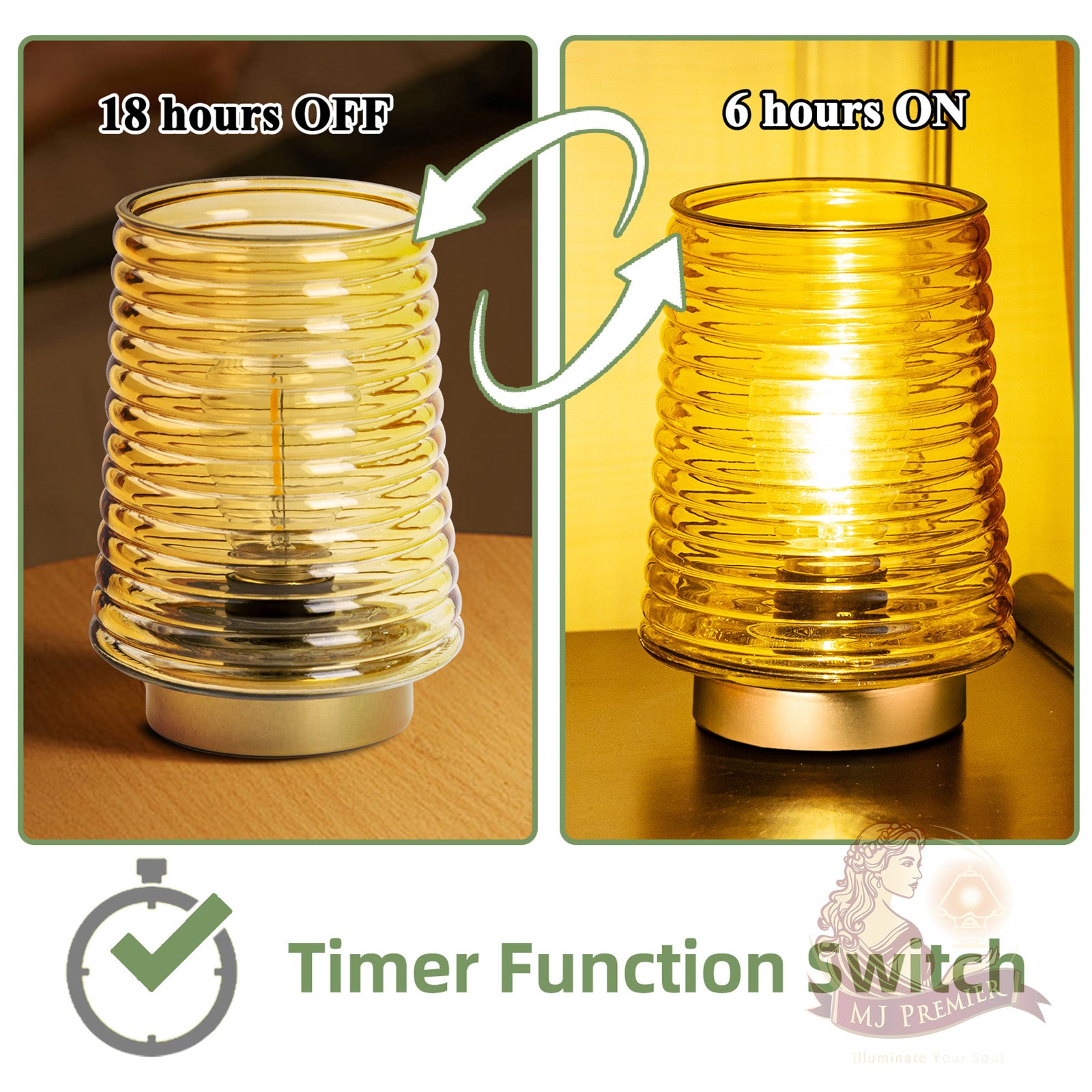 MJ PREMIER Cordless Lamps with Timer Battery Operated Lamp Glass Table Lamp Portable Battery Powered Beside Touch Lamp for Home Bedroom Kitchen Dining Bathroom Yellow