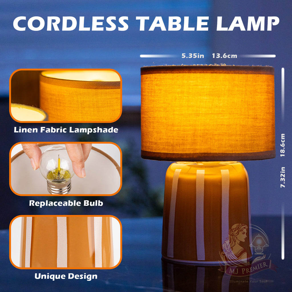 MJ PREMIER Battery Operated Lamp with Timer, Small Cordless Lamp with Glass Base, Fabric Shade Portable Table Lamp for Bedroom Living Room Bedside Home Decor (Brown)