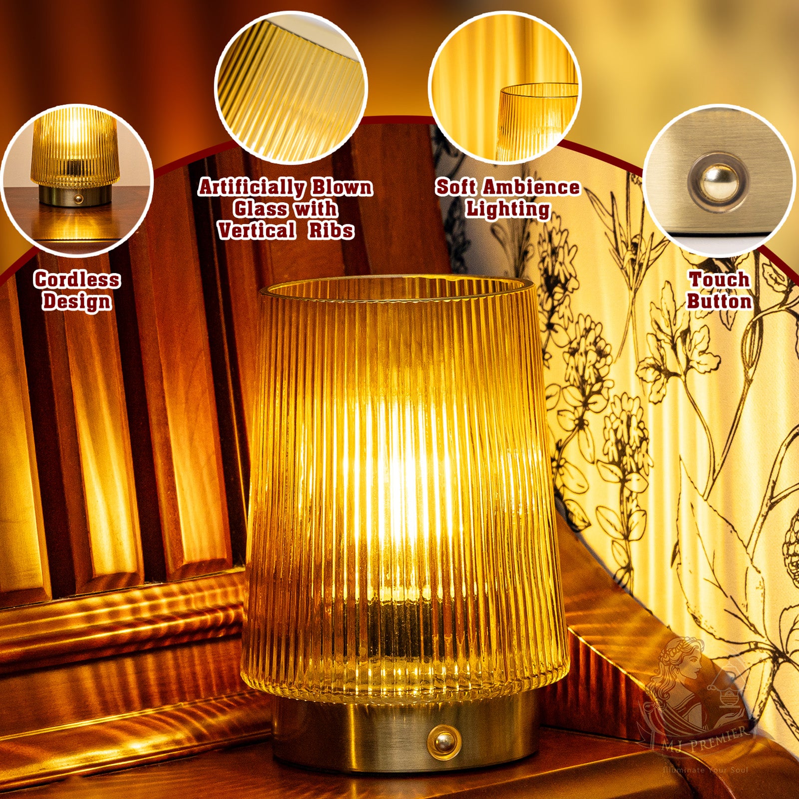 MJ PREMIER Cordless Lamps Rechargeable Glass Table Lamp Portable Dimmable Brightness Touch Battery Operated Lamp Cordless Beside Touch Lamp for Home Bedroom Kitchen Dining Bathroom Yellow