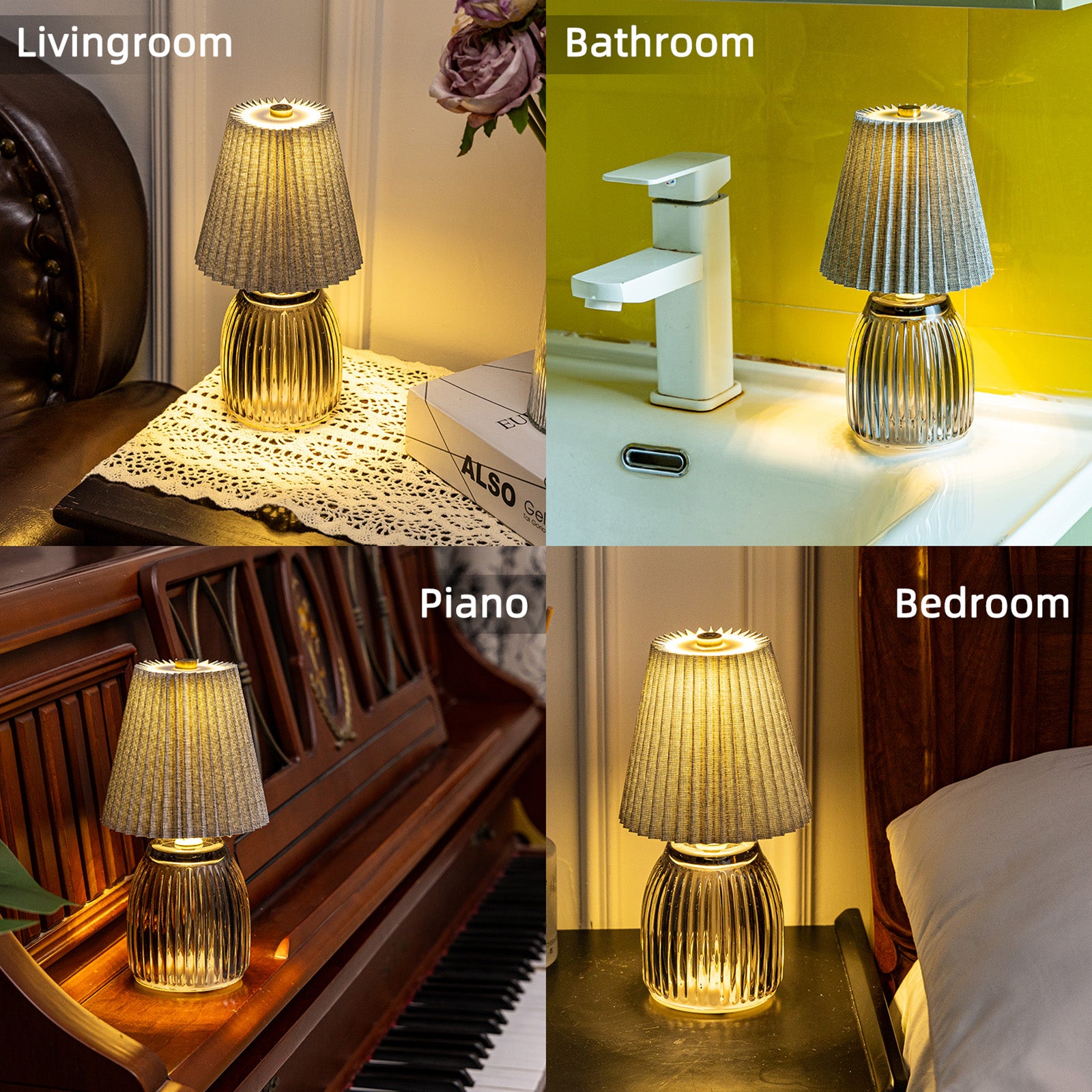 MJ Battery Operated Lamps with Timer Pleated Small Glass Cordless Lamp with Gray Pleated Lamp Shade Modern Battery Powered for Living Room Bedroom Bathroom
