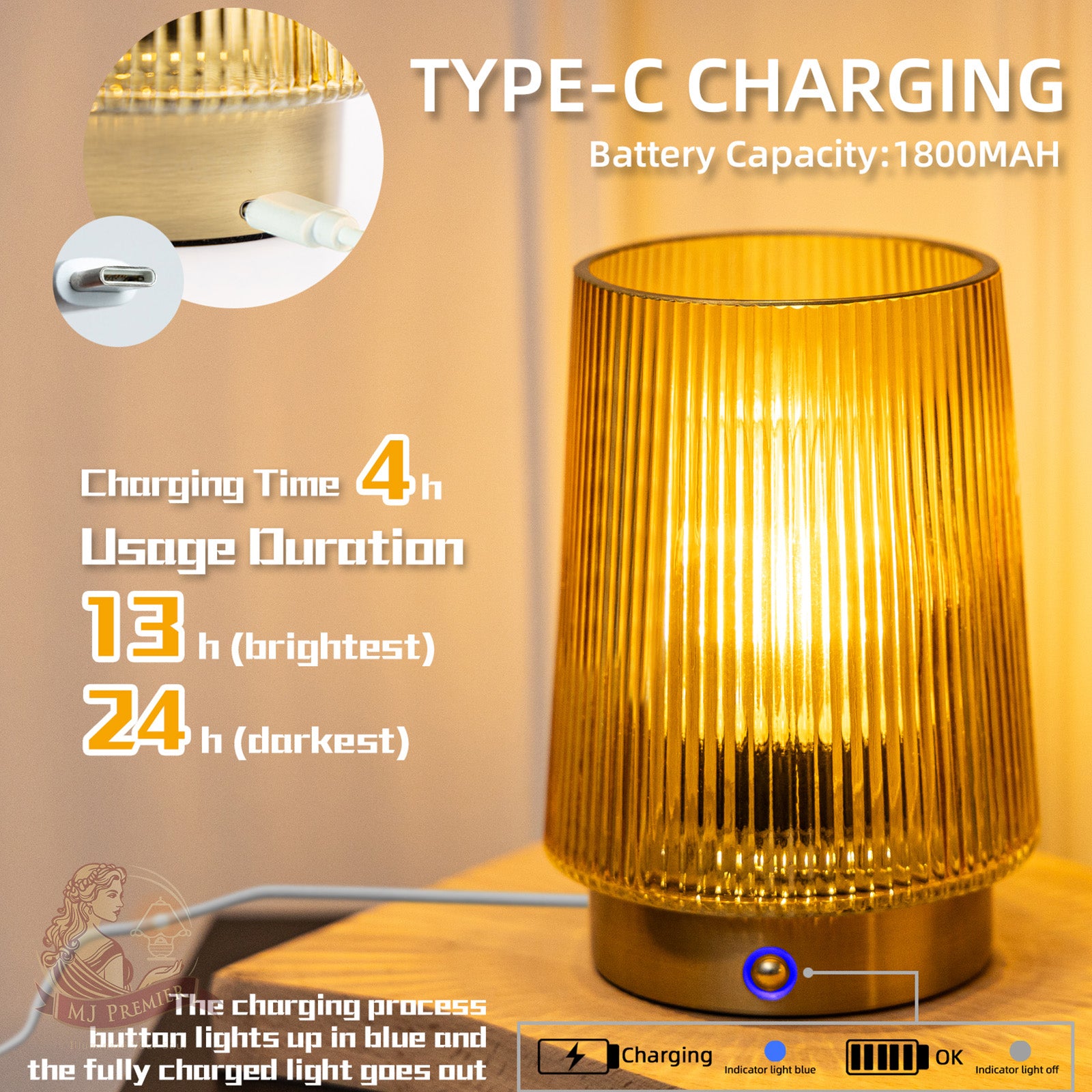MJ PREMIER Cordless Lamps Rechargeable Glass Table Lamp Portable Dimmable Brightness Touch Battery Operated Lamp Cordless Beside Touch Lamp for Home Bedroom Kitchen Dining Bathroom Yellow