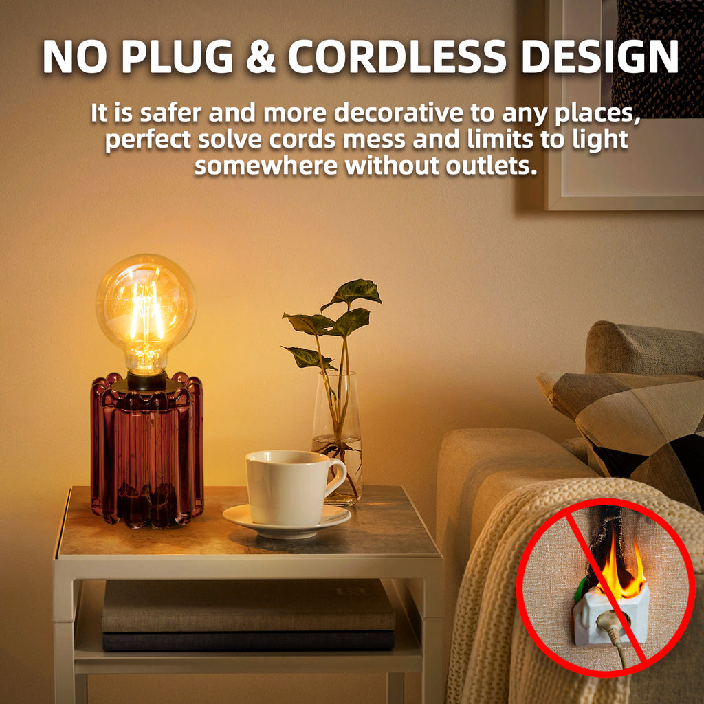 Set of 2 Battery Operated Table Lamp, Battery Powered Cordless Lamp with Timer, Glass Bulb Shape Decorative Lights for Living Room Bedroom Weddings Parties Patio Events Indoors Outdoors（Rust）