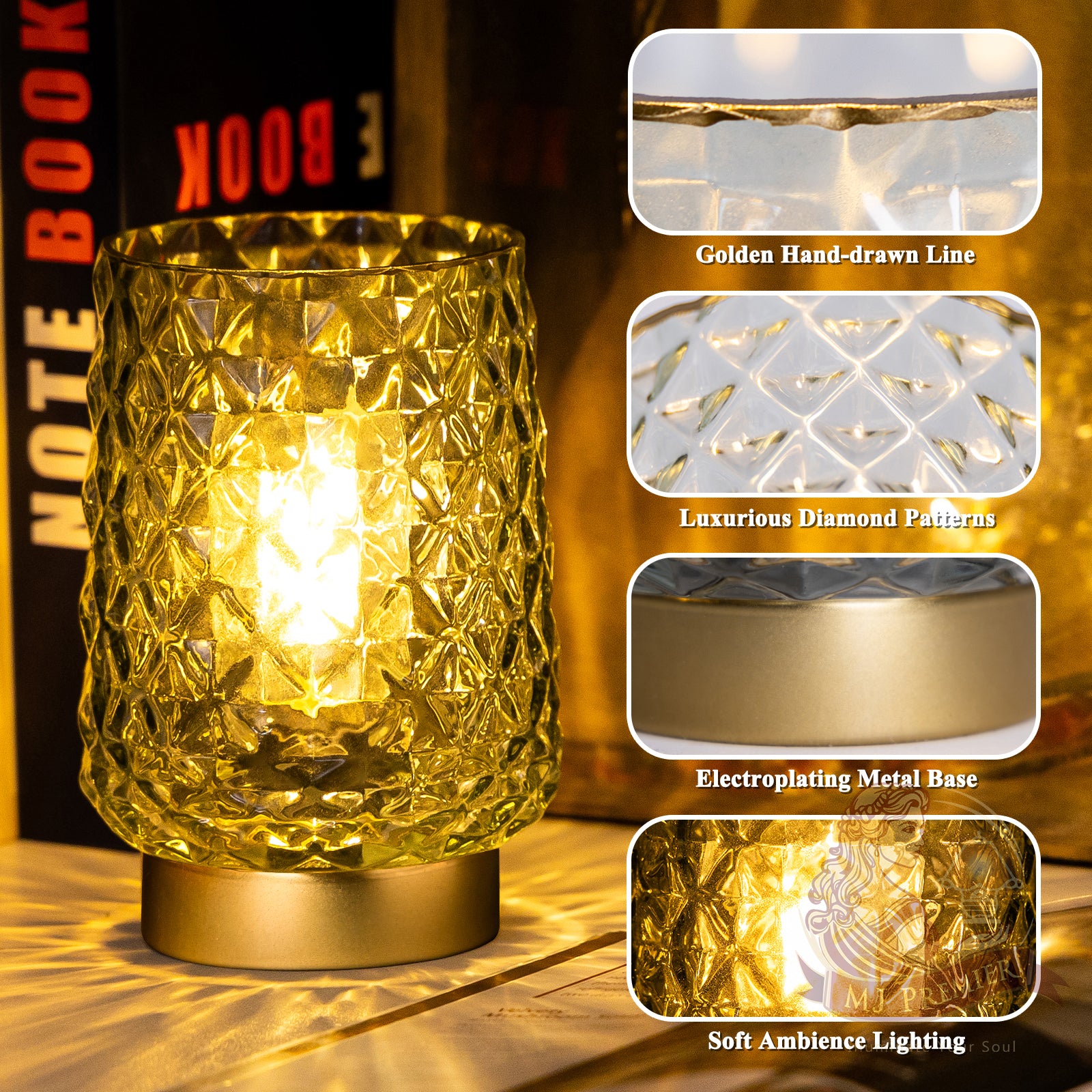 Battery Operated Table Lamps Timer Mothers Day Gifts Decorative LED Lamp, Cordless lamp for No Outlet Areas, Hand-drawn Diamond Pattern, Glass Mood Light for Entryway, Bedroom, Bathroom(Green)
