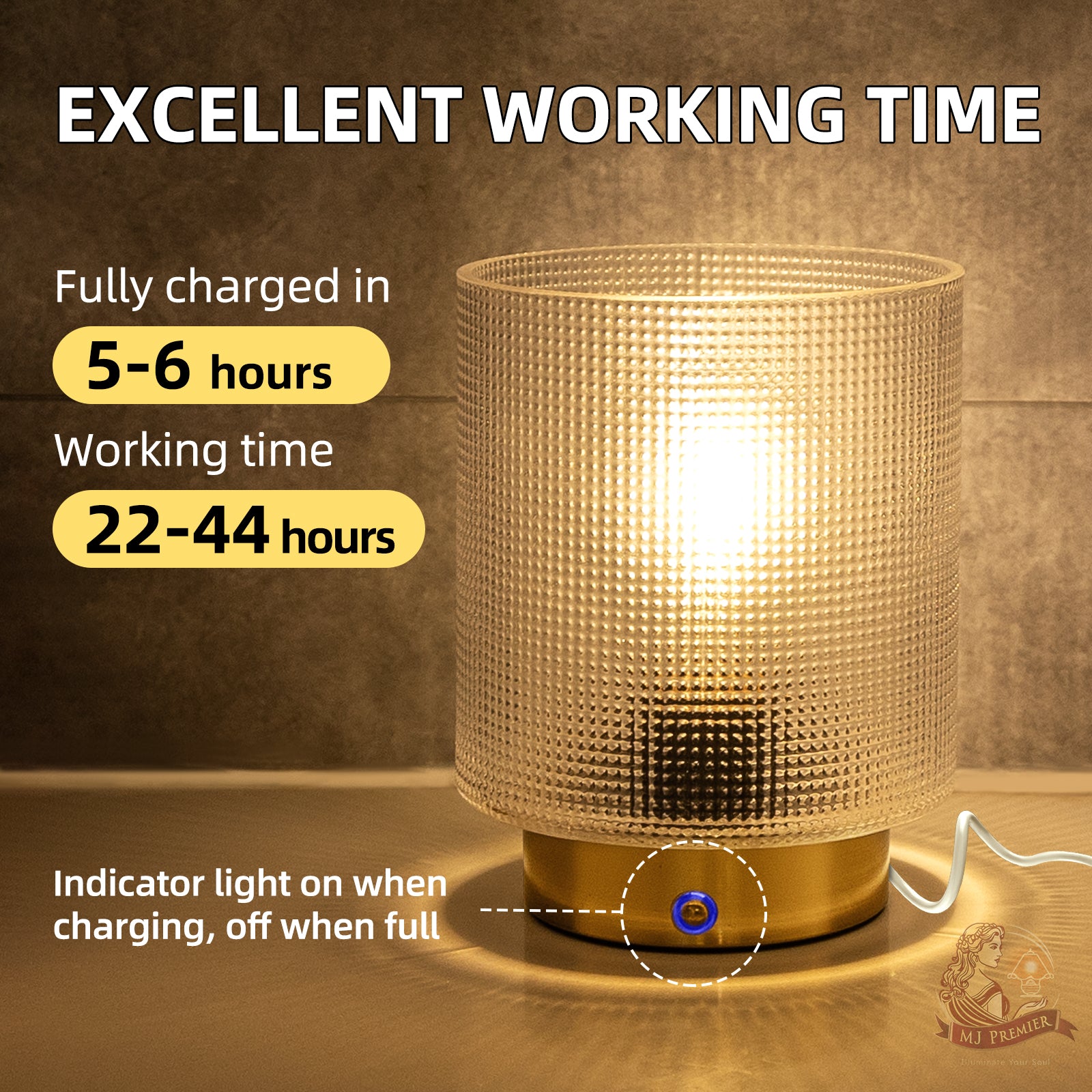 MJ PREMIER Rechargeable Cordless Table Lamp, Glass Battery Operated Lamp for Bedroom, Dimmable Small Touch Lamp for Living Room Bedside Nightstand Home Decor