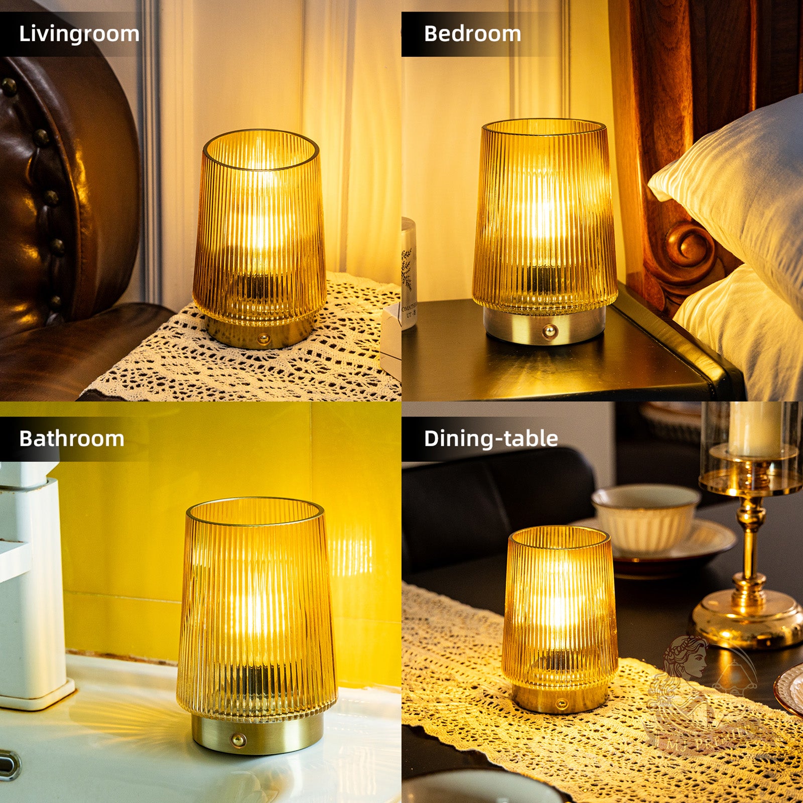 MJ PREMIER Cordless Lamps Rechargeable Glass Table Lamp Portable Dimmable Brightness Touch Battery Operated Lamp Cordless Beside Touch Lamp for Home Bedroom Kitchen Dining Bathroom Yellow