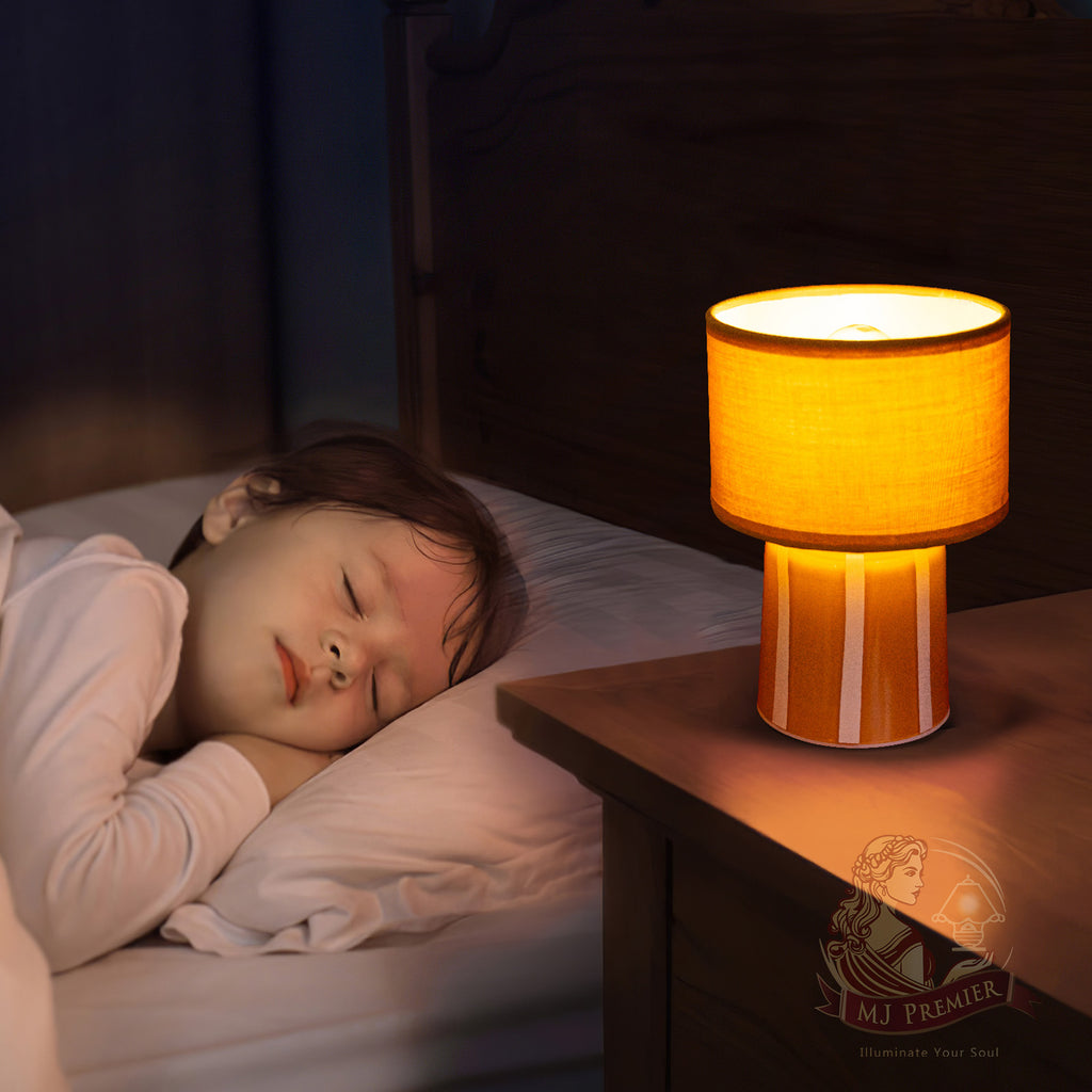 MJ PREMIER Battery Operated Lamp with Timer, Small Cordless Lamp with Glass Base, Fabric Shade Portable Table Lamp for Bedroom Living Room Bedside Home Decor (Brown)