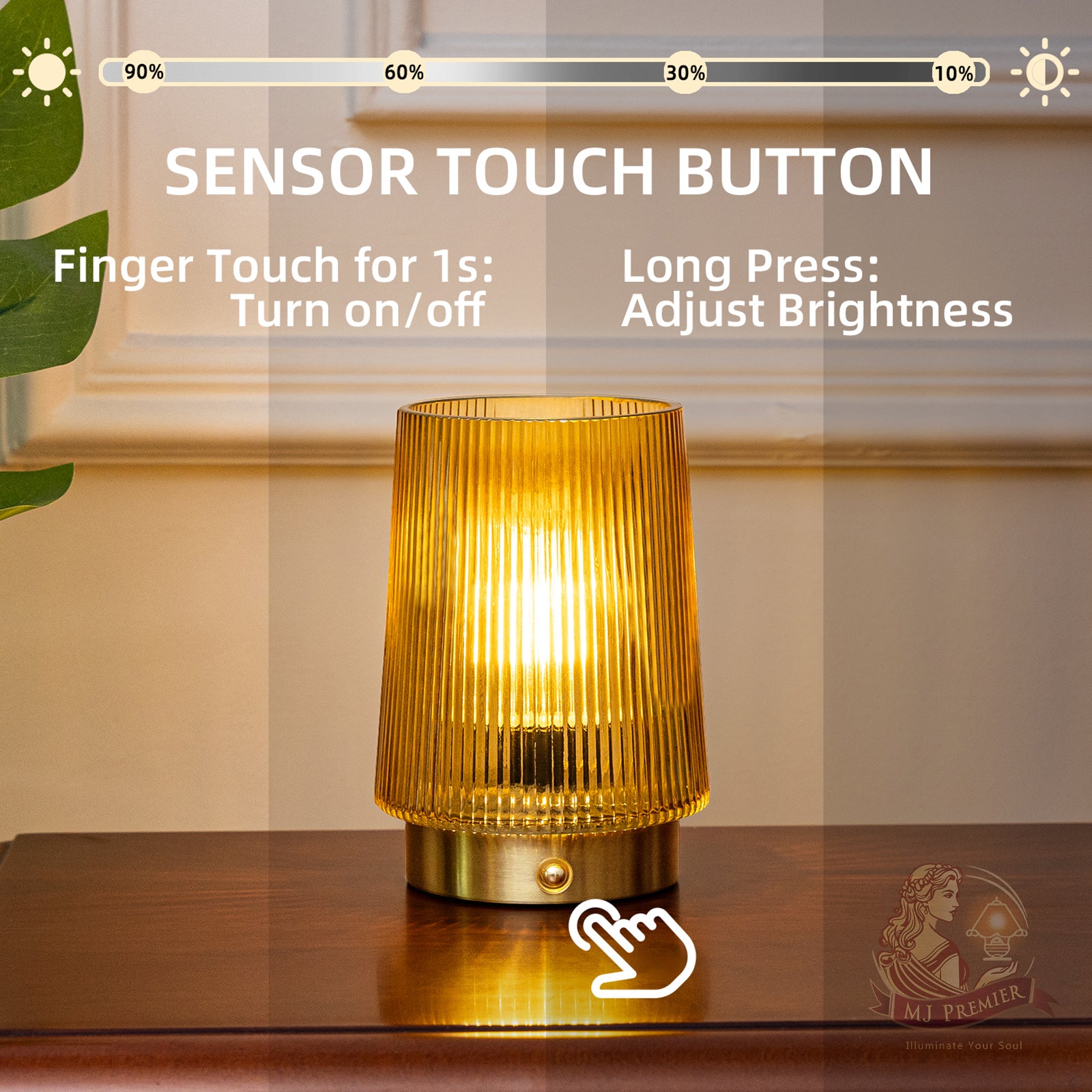 MJ PREMIER Cordless Lamps Rechargeable Glass Table Lamp Portable Dimmable Brightness Touch Battery Operated Lamp Cordless Beside Touch Lamp for Home Bedroom Kitchen Dining Bathroom Yellow