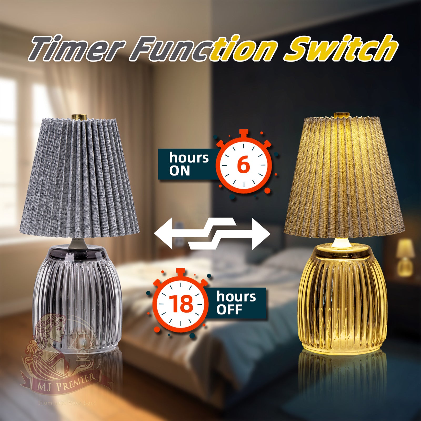 MJ Battery Operated Lamps with Timer Pleated Small Glass Cordless Lamp with Gray Pleated Lamp Shade Modern Battery Powered for Living Room Bedroom Bathroom
