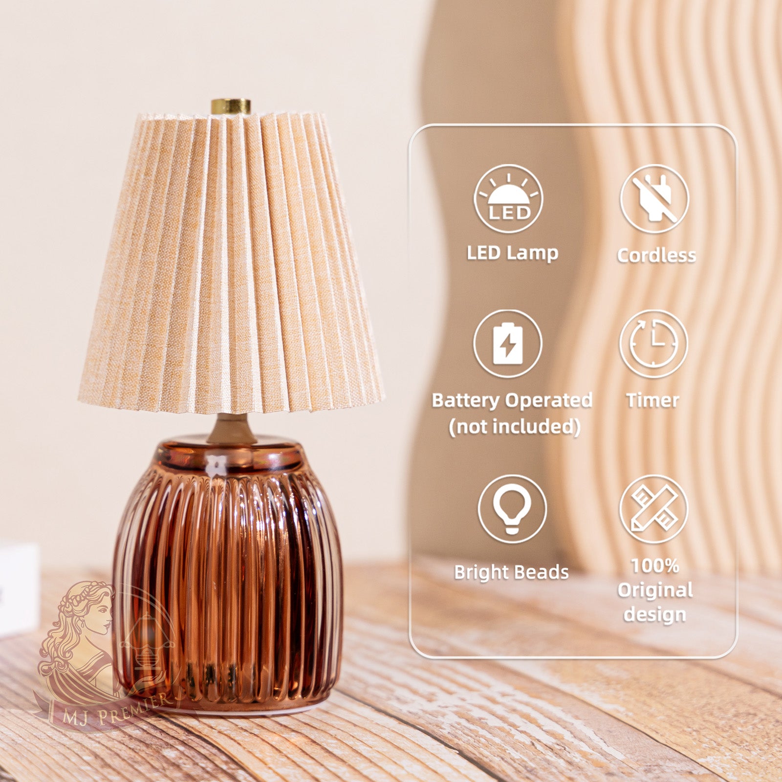 MJ Cordless Lamps with Timer Battery Operated Pleated Lamp Shade for Home Decor Emergency Battery Powered Small Lamps for Livingroom Bedroom Home Decor Beige