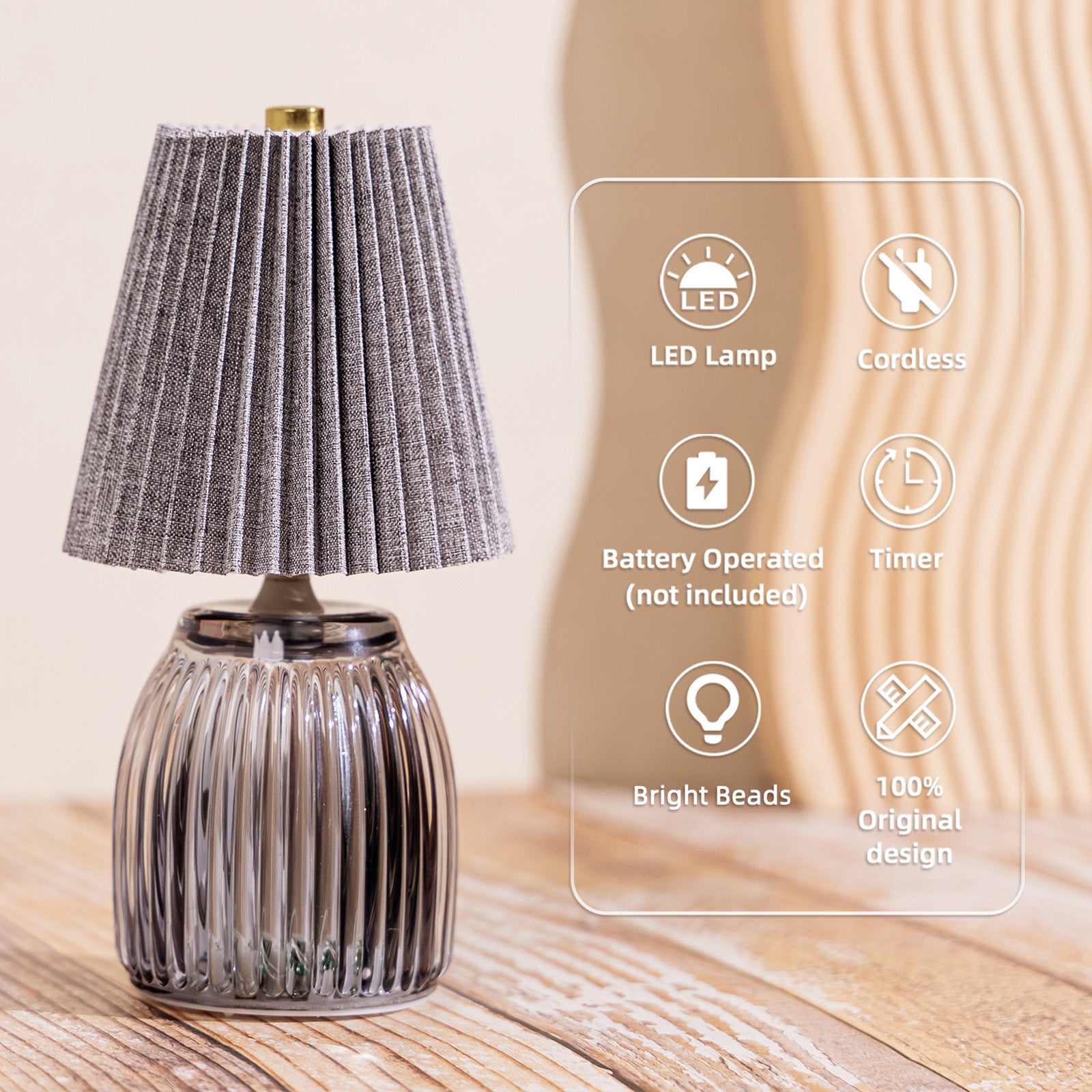 MJ Battery Operated Lamps with Timer Pleated Small Glass Cordless Lamp with Gray Pleated Lamp Shade Modern Battery Powered for Living Room Bedroom Bathroom