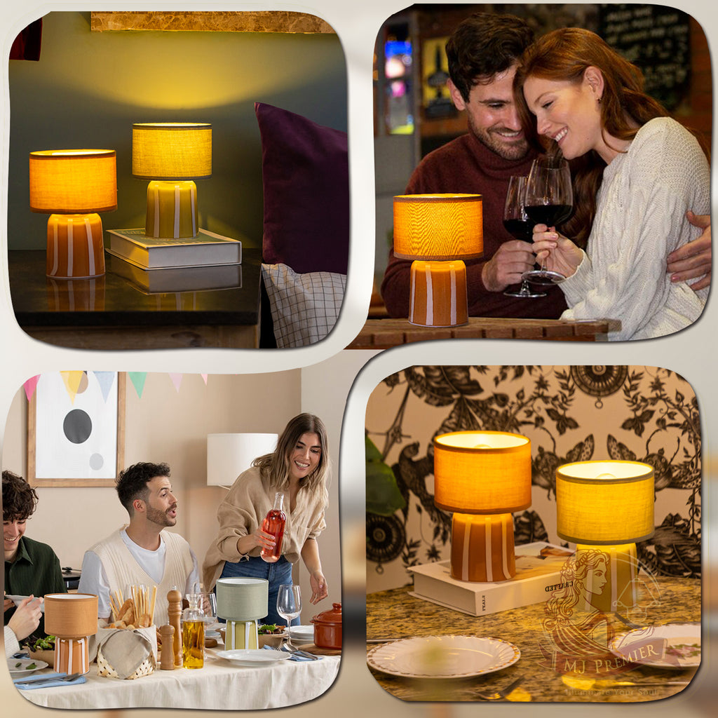 MJ PREMIER Battery Operated Lamp with Timer, Small Cordless Lamp with Glass Base, Fabric Shade Portable Table Lamp for Bedroom Living Room Bedside Home Decor (Brown)