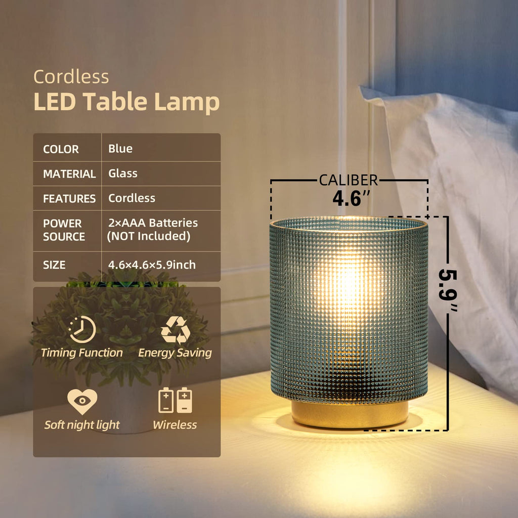 Battery Operated Lamp with Timer, 2-Pack Glass Cordless Lamp for Power Outage, Decorative Small Accent Lamp for Area No Plug, Battery Powered Lamp for Corner/Entryway/Stairway/Bathroom/Fireplace(Blue)