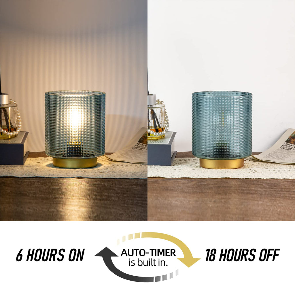 Battery Operated Lamp with Timer, 2-Pack Glass Cordless Lamp for Power Outage, Decorative Small Accent Lamp for Area No Plug, Battery Powered Lamp for Corner/Entryway/Stairway/Bathroom/Fireplace(Blue)