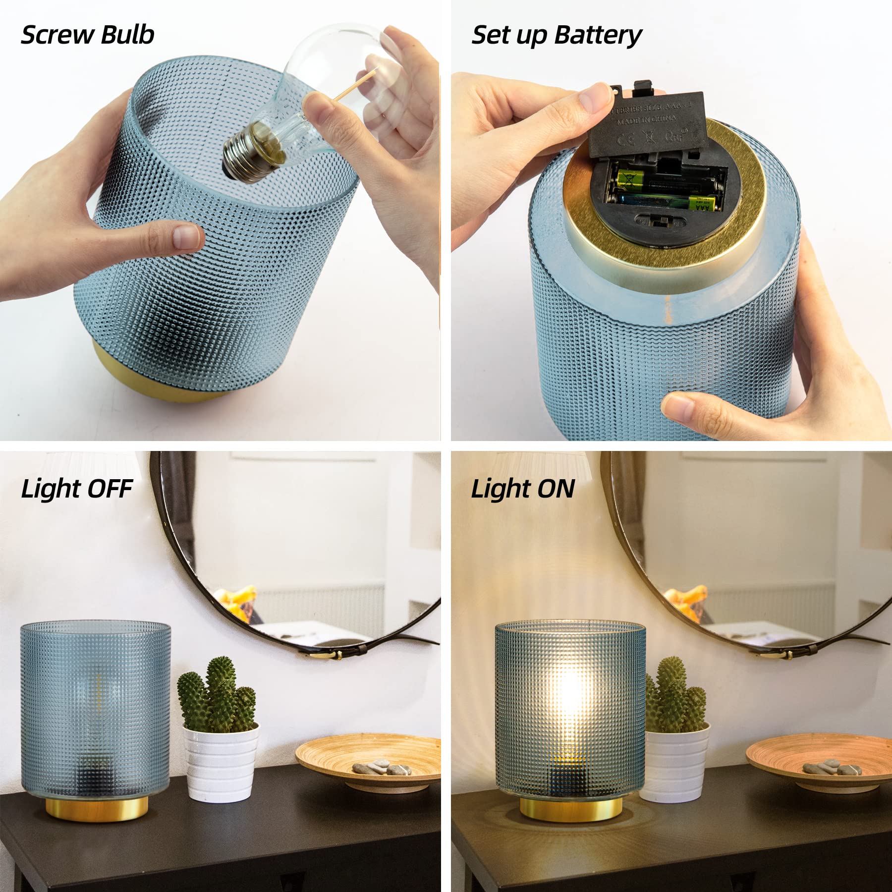 Battery Operated Lamp with Timer, 2-Pack Glass Cordless Lamp for Power Outage, Decorative Small Accent Lamp for Area No Plug, Battery Powered Lamp for Corner/Entryway/Stairway/Bathroom/Fireplace(Blue)