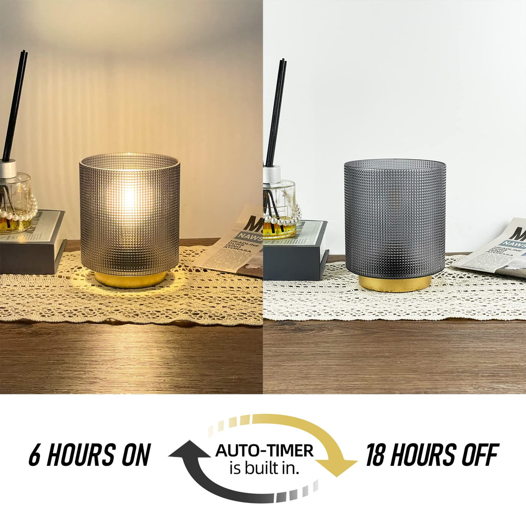Battery Operated Lamp with Timer, Glass Cordless Lamp for Power Outage, Decorative Small Accent Lamp for Area No Plug, Battery Powered Lamp for Corner/Entryway/Stairway/Bathroom/Fireplace(Grey)