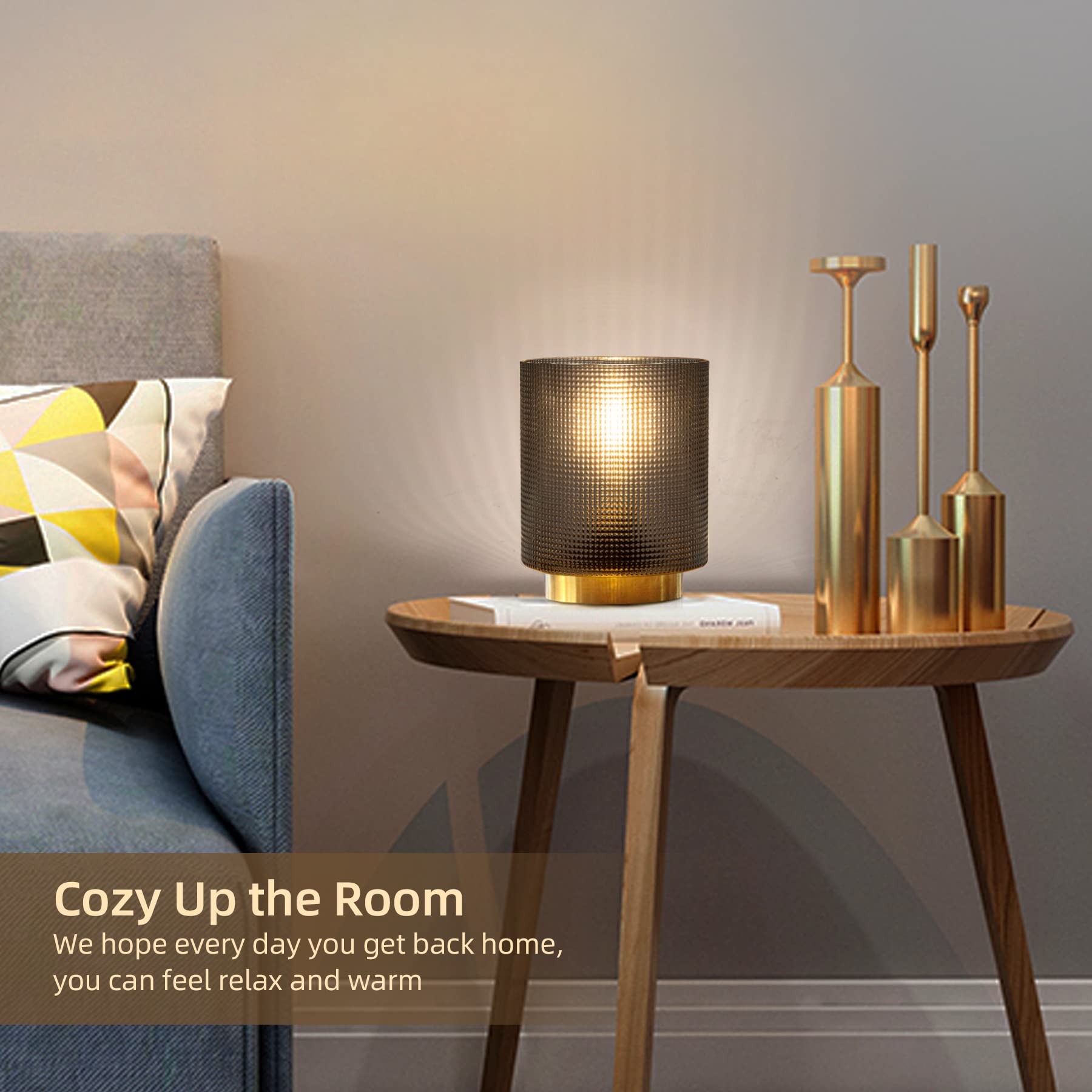 Battery Operated Lamp with Timer, Glass Cordless Lamp for Power Outage, Decorative Small Accent Lamp for Area No Plug, Battery Powered Lamp for Corner/Entryway/Stairway/Bathroom/Fireplace(Grey)