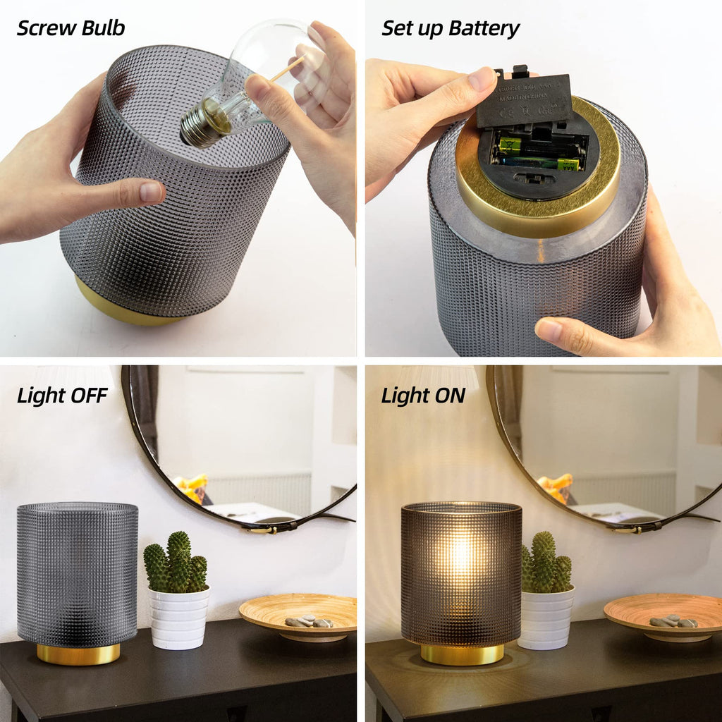 Battery Operated Lamp with Timer, Glass Cordless Lamp for Power Outage, Decorative Small Accent Lamp for Area No Plug, Battery Powered Lamp for Corner/Entryway/Stairway/Bathroom/Fireplace(Grey)