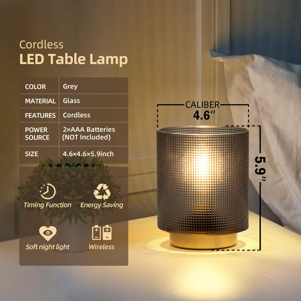 Battery Operated Lamp with Timer, Glass Cordless Lamp for Power Outage, Decorative Small Accent Lamp for Area No Plug, Battery Powered Lamp for Corner/Entryway/Stairway/Bathroom/Fireplace(Grey)