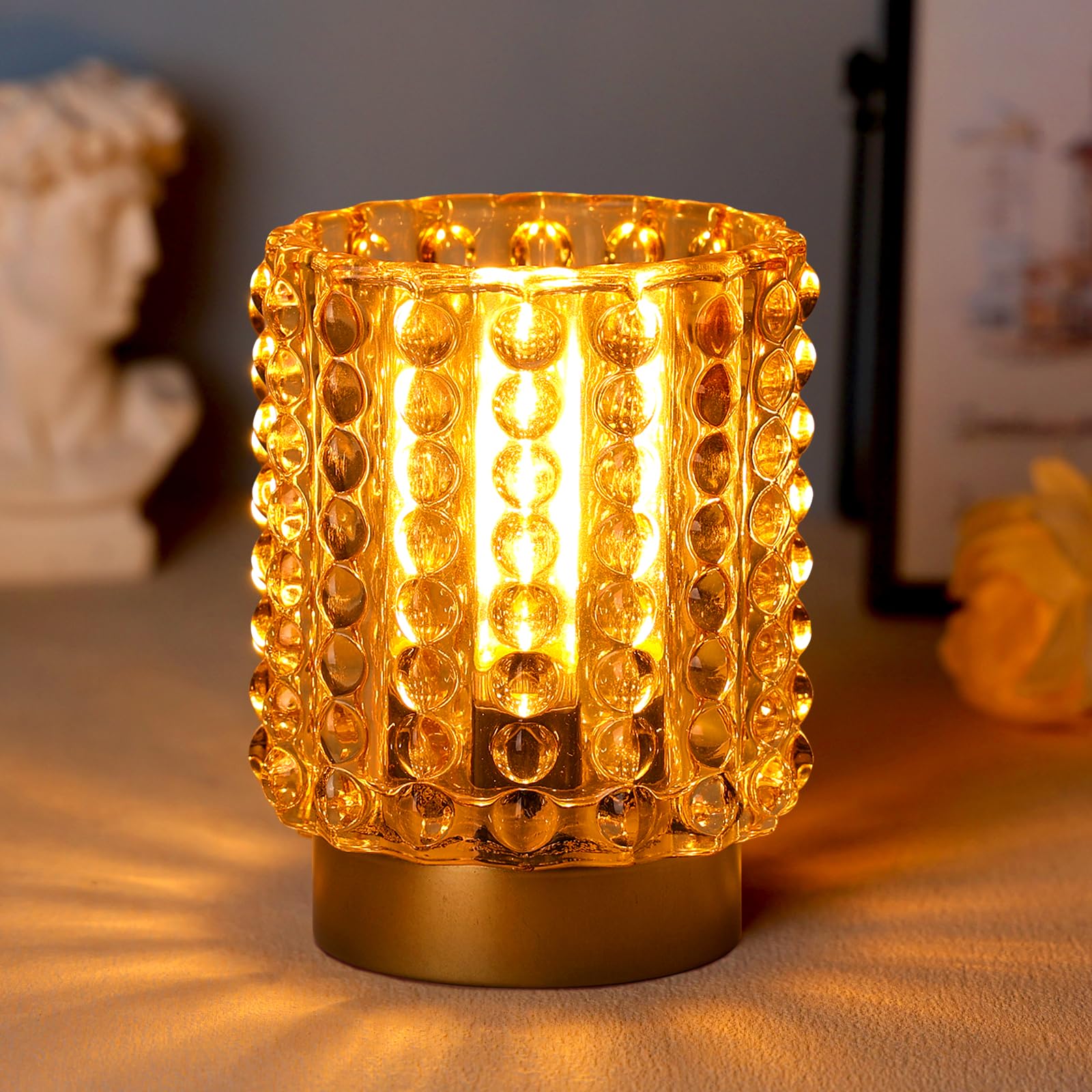 Battery Operated Mini Crystal Table Lamp with Timer - Cordless for Home Decor, No Outlets Required - Glass Battery Powered Lamp for Entryway, Bedroom, Bathroom, Shelf, Corner (Yellow)