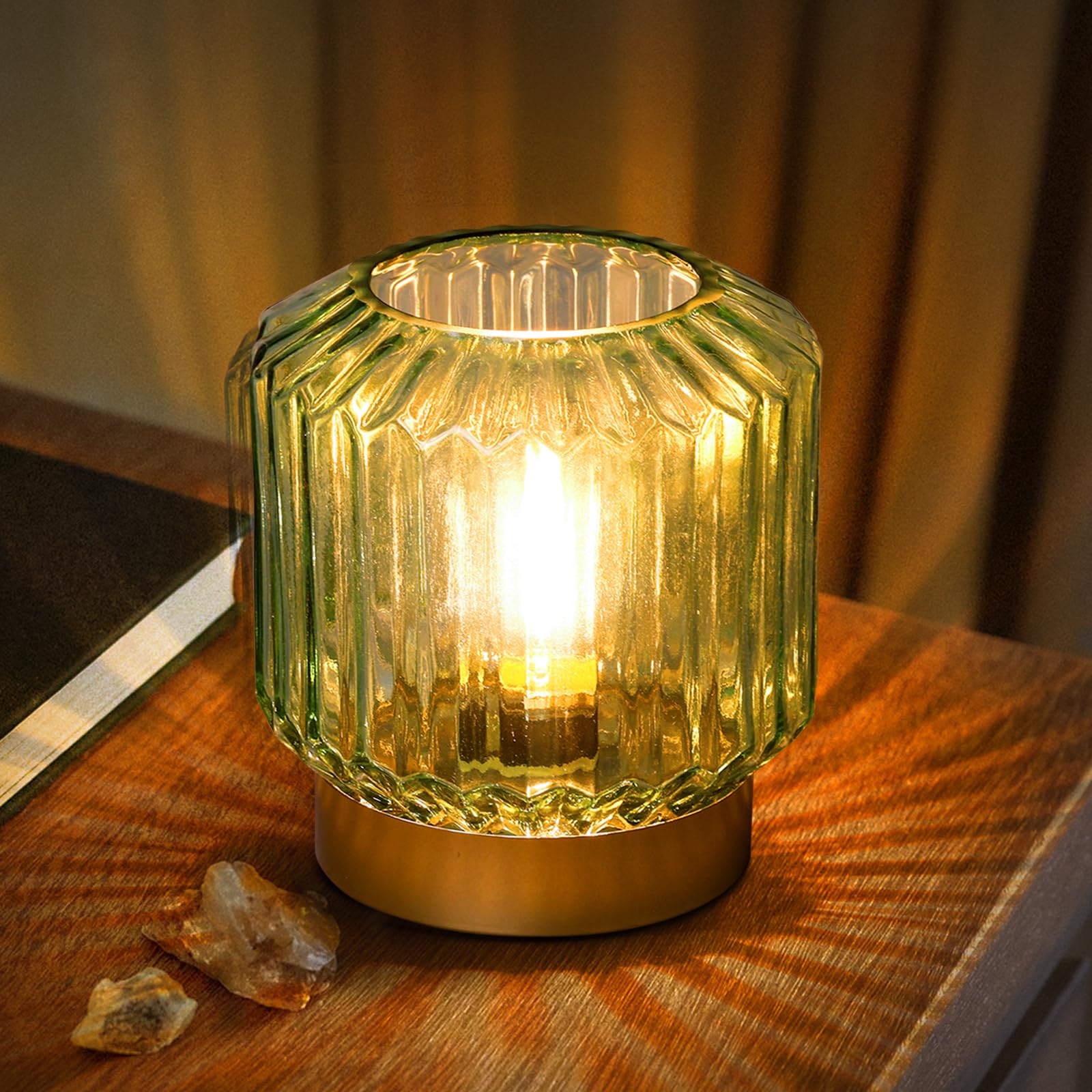 Battery-Operated Table Lamp Timer, Cordless Lamp for Areas No Outlets, Decorative LED Accent Lamp with 100% Original Vintage Lantern Design, Glass Mood Light for Entryway, Bedroom,Bathroom (Green)